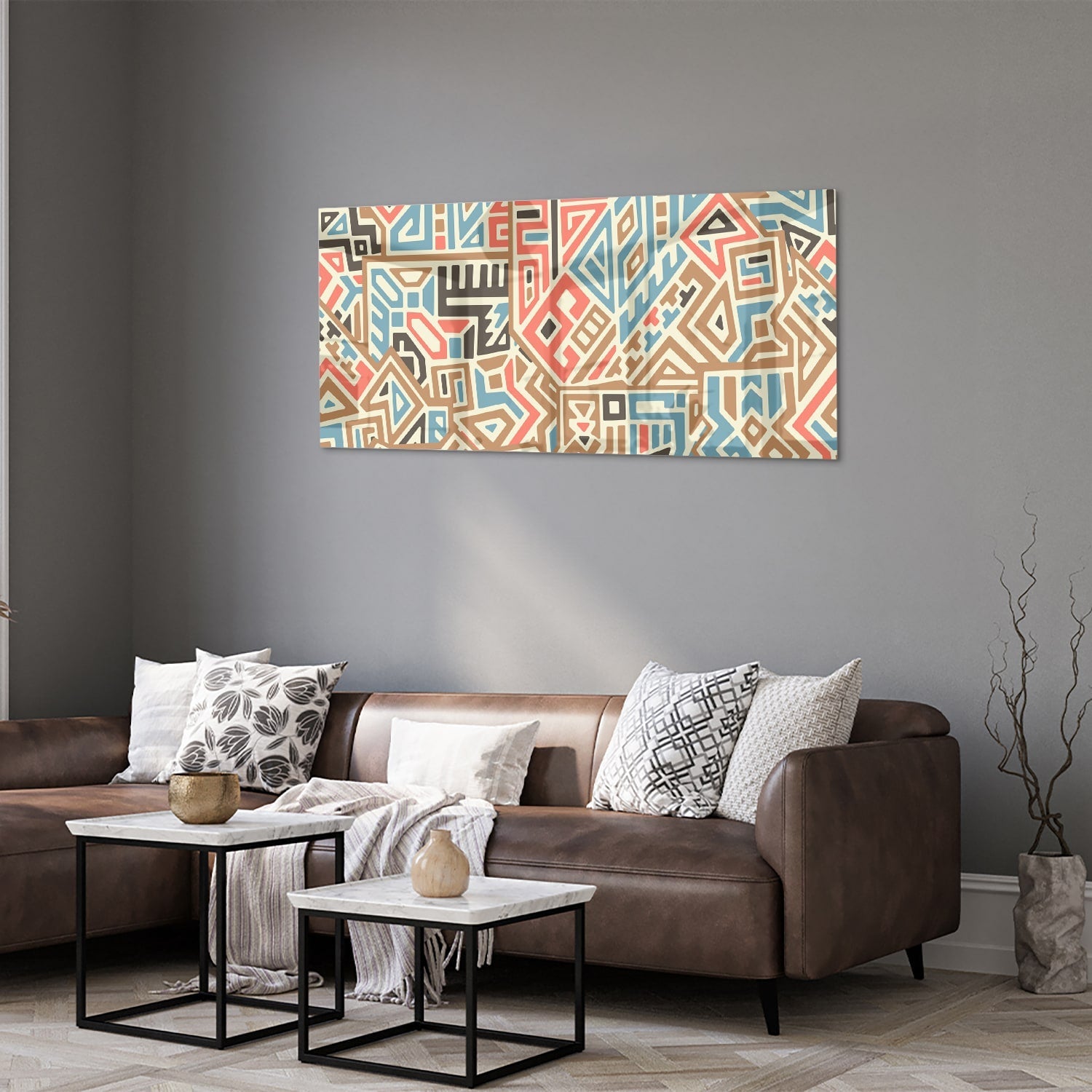 Abstraktes Glasbild mit farbenfrohen geometrischen Mustern – Glasbild aus Sicherheitsglas, Größe 40x40_rond