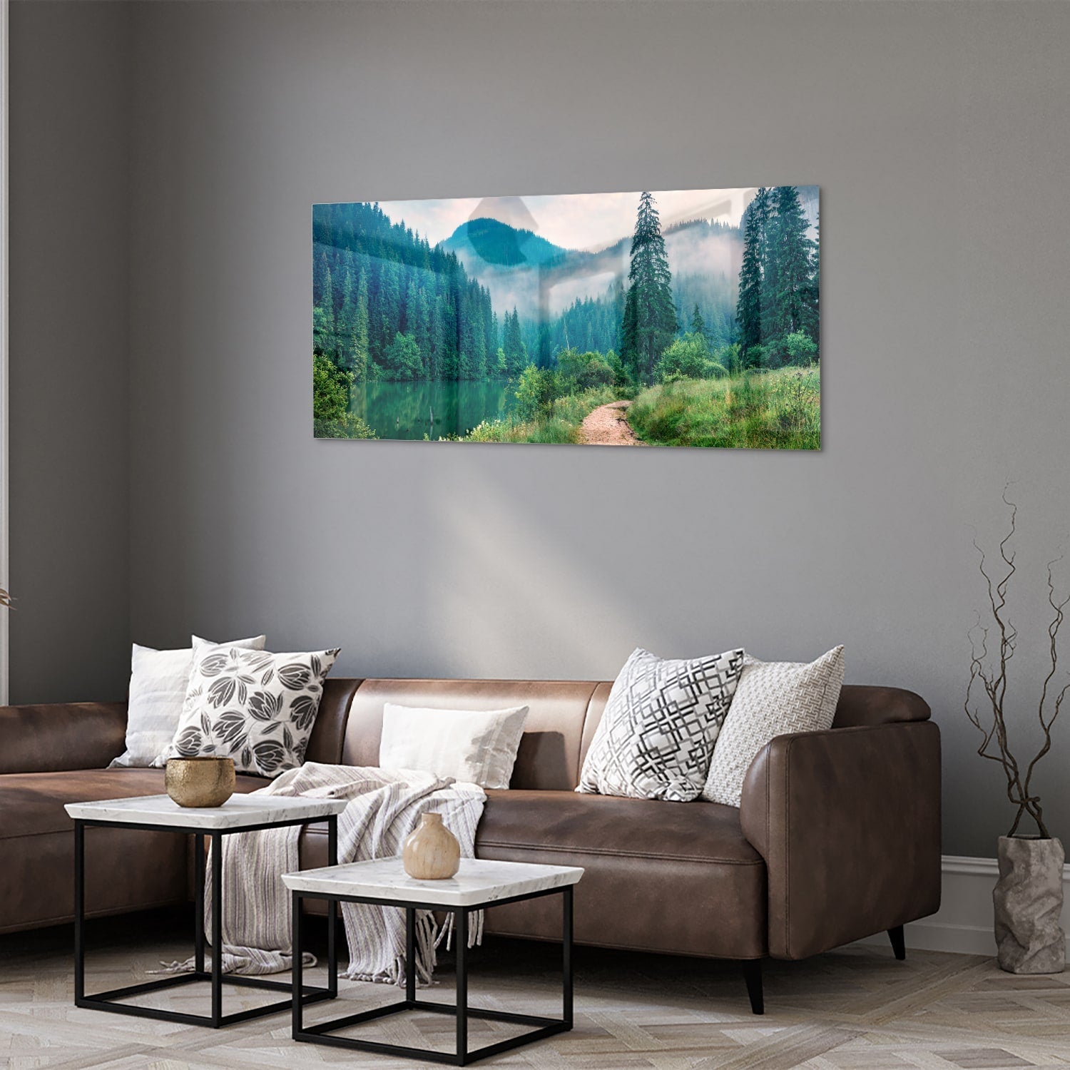 Stimmungsvolles Glasbild mit einer Berglandschaft – Glasbild aus Sicherheitsglas, Größe 40x40_rond