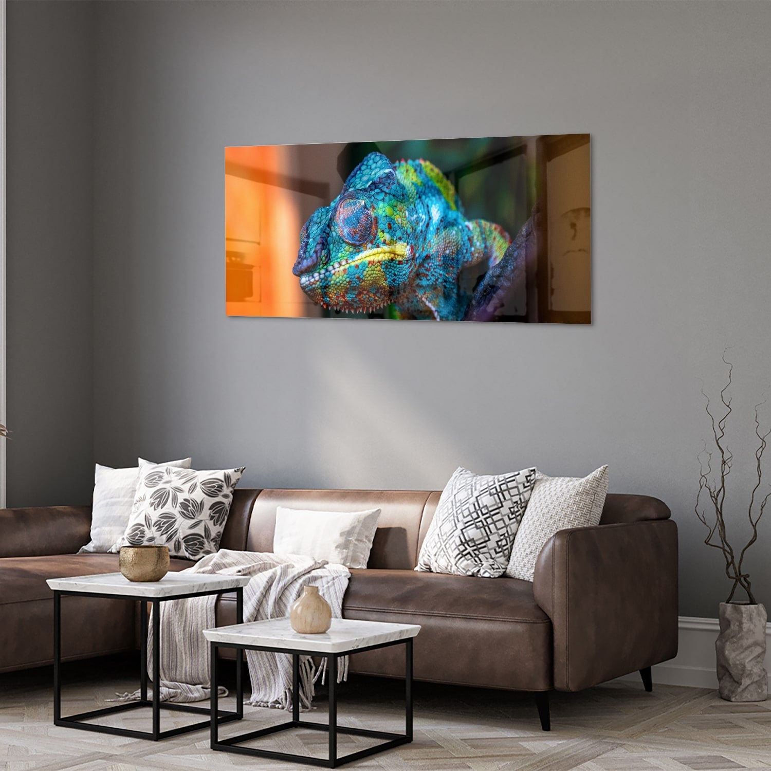 Farbenfrohes Chamäleon-Glasbild für Ihr Interieur – Glasbild aus Sicherheitsglas, Größe 40x40_rond