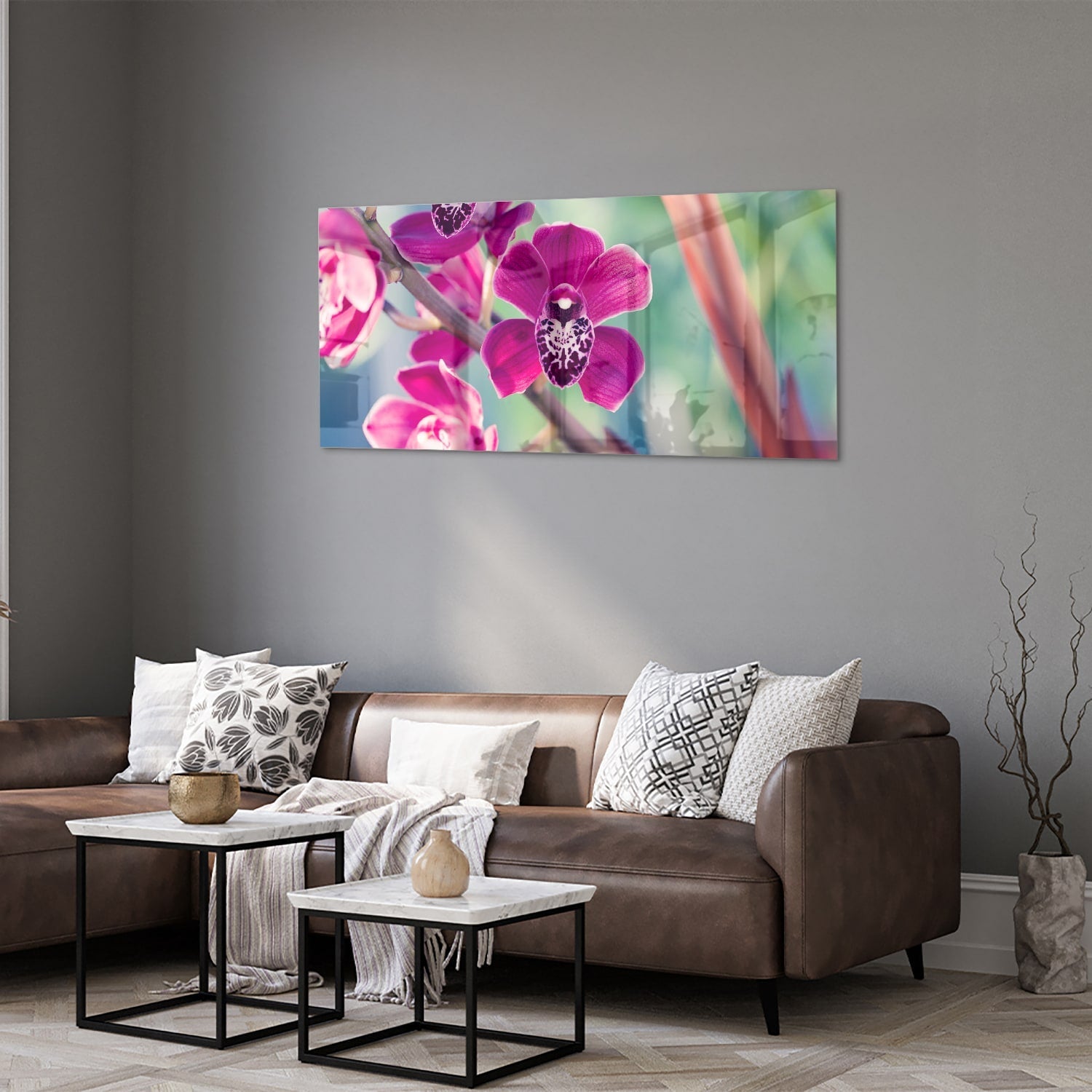 Wunderschönes Glasbild mit violetten Orchideen – Glasbild aus Sicherheitsglas, Größe 40x40_rond