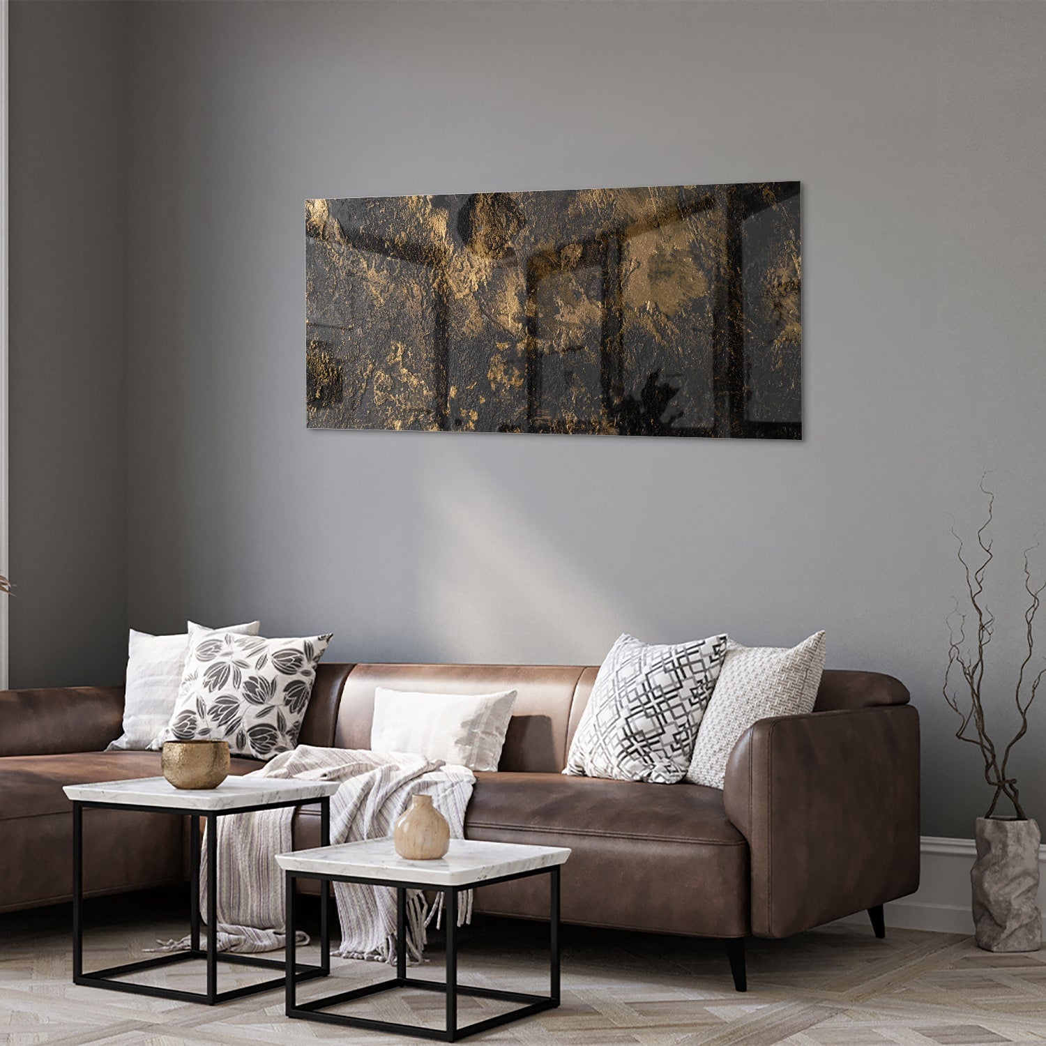 Modernes Glasbild mit goldenen Akzenten – Glasbild aus Sicherheitsglas, Größe 40x40_rond