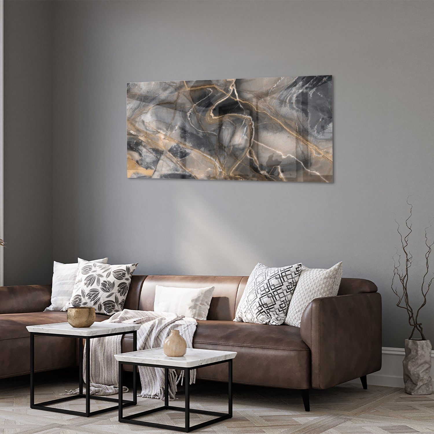 Modernes Glasbild mit abstrakten Linien in Schwarz und Gold – Glasbild aus Sicherheitsglas, Größe 40x40_rond
