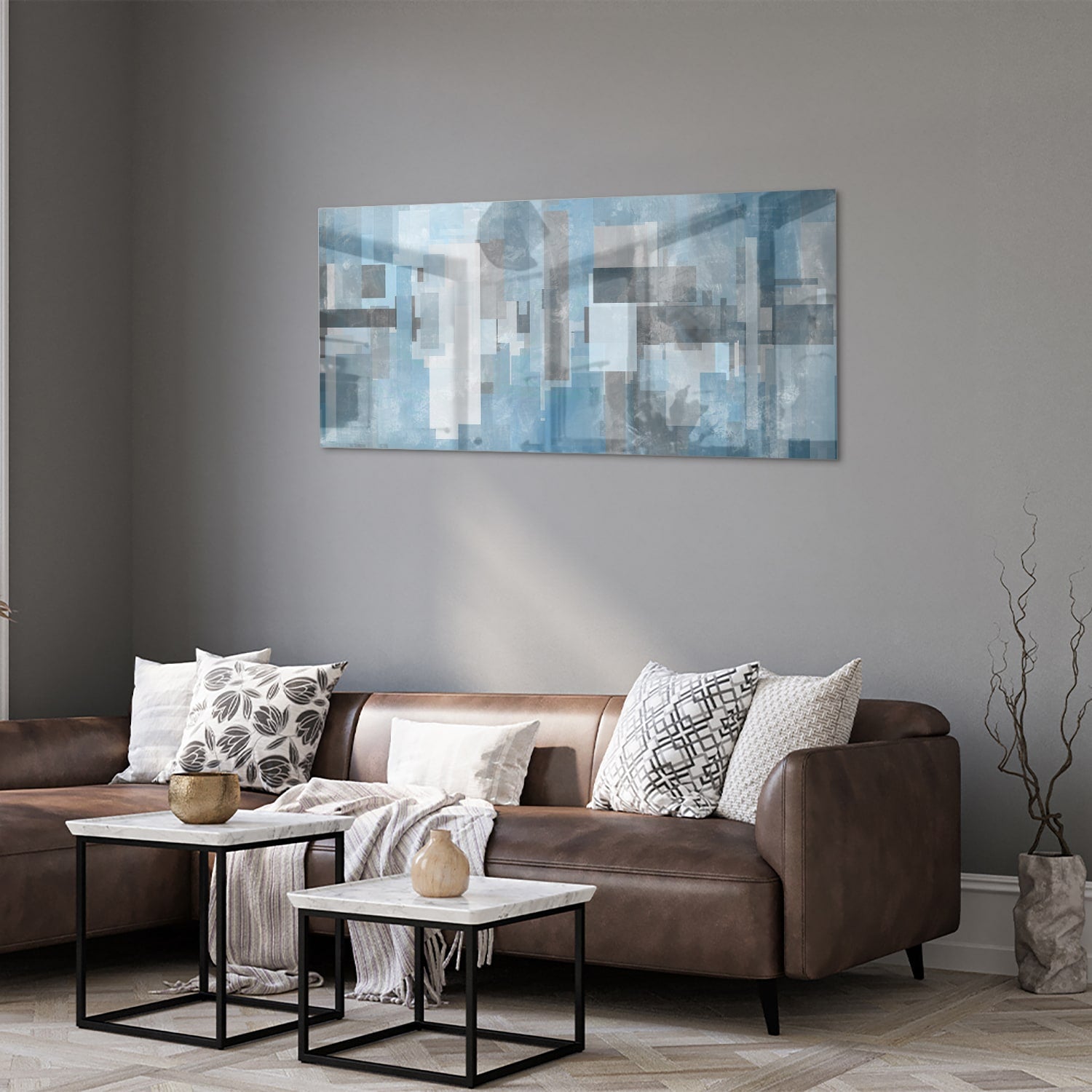 Abstraktes Glasbild in Blau und Grau – Glasbild aus Sicherheitsglas, Größe 40x40_rond