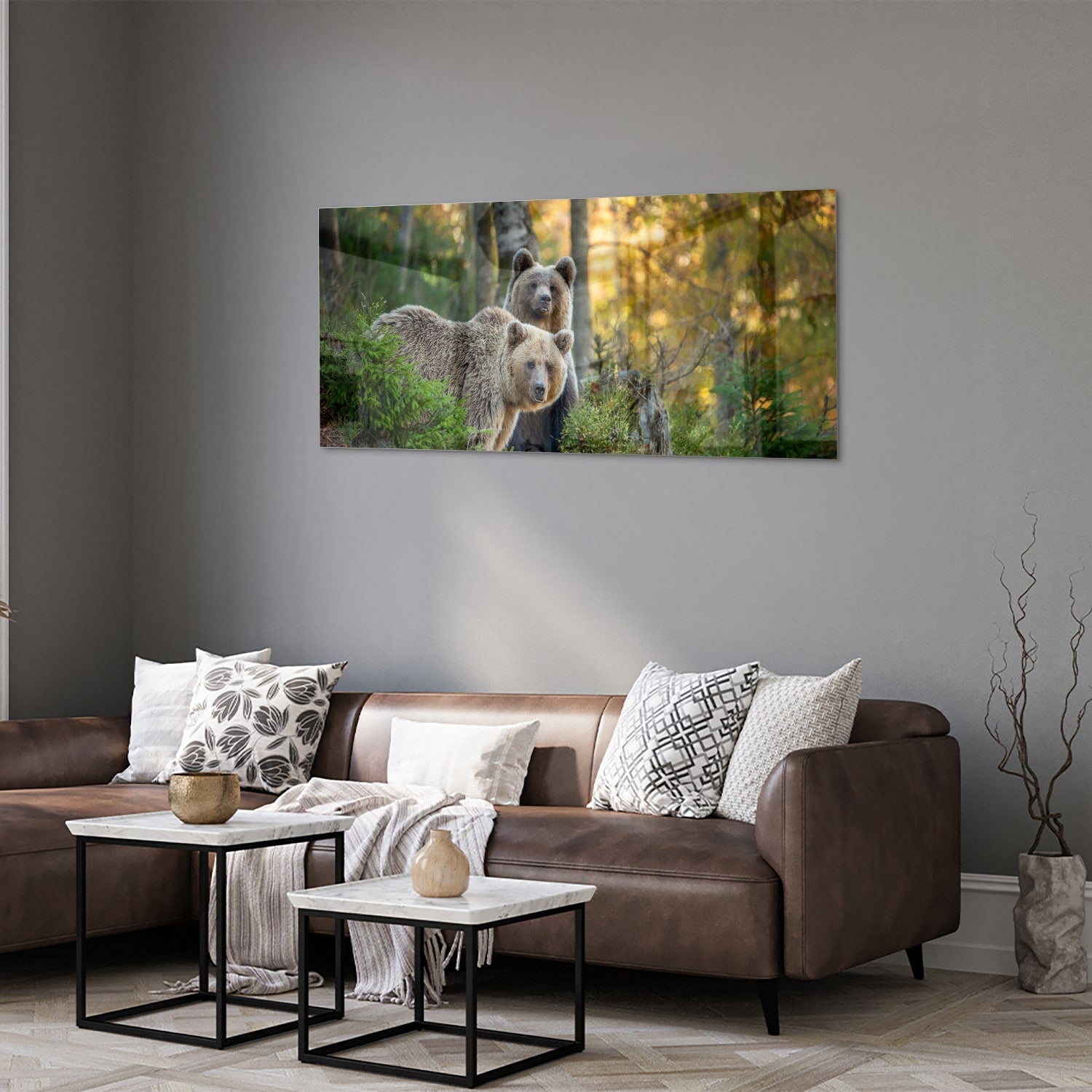 Glasbild mit zwei niedlichen Bären im Wald – Glasbild aus Sicherheitsglas, Größe 40x40_rond