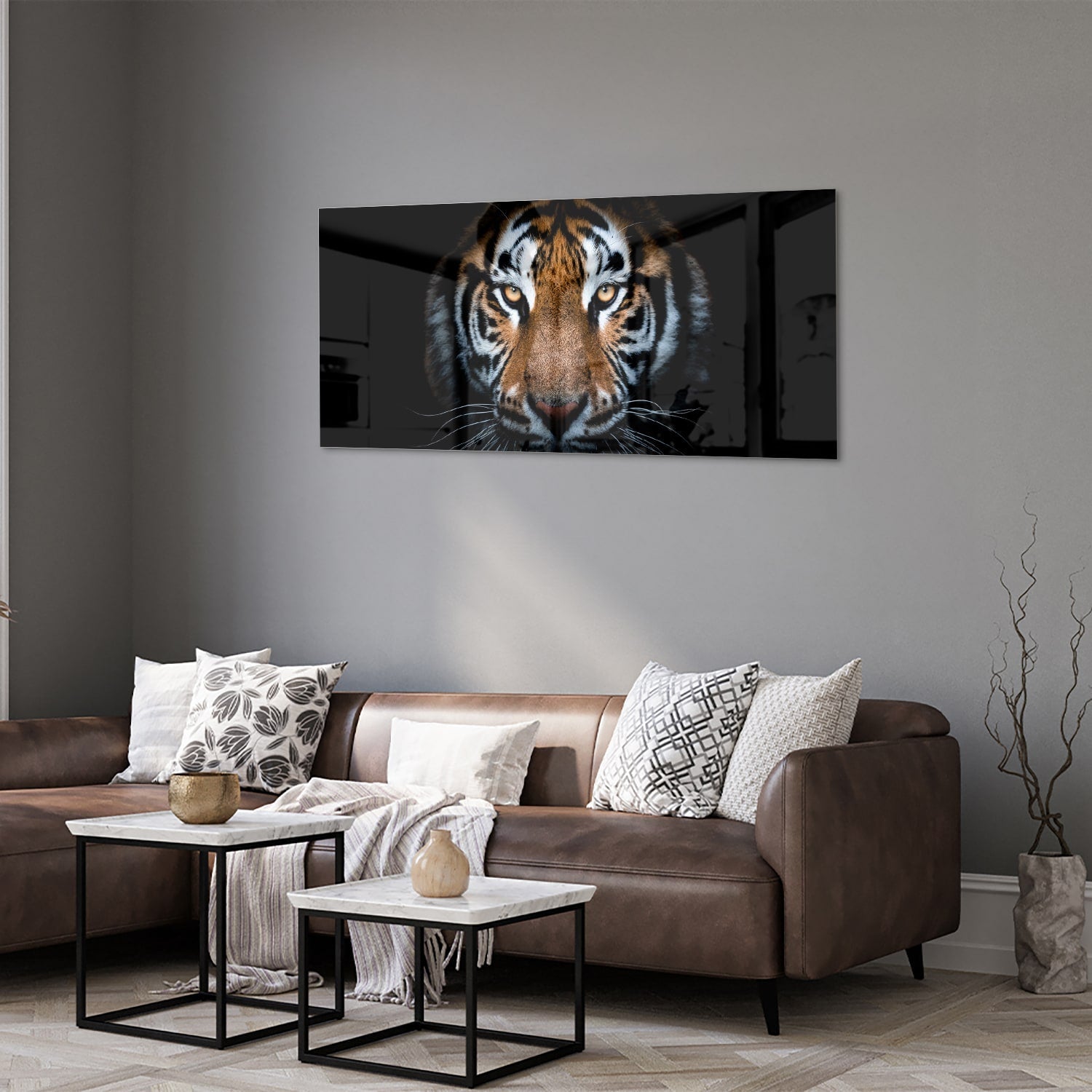Beeindruckendes Glasbild mit einem Tigergesicht – Glasbild aus Sicherheitsglas, Größe 40x40_rond