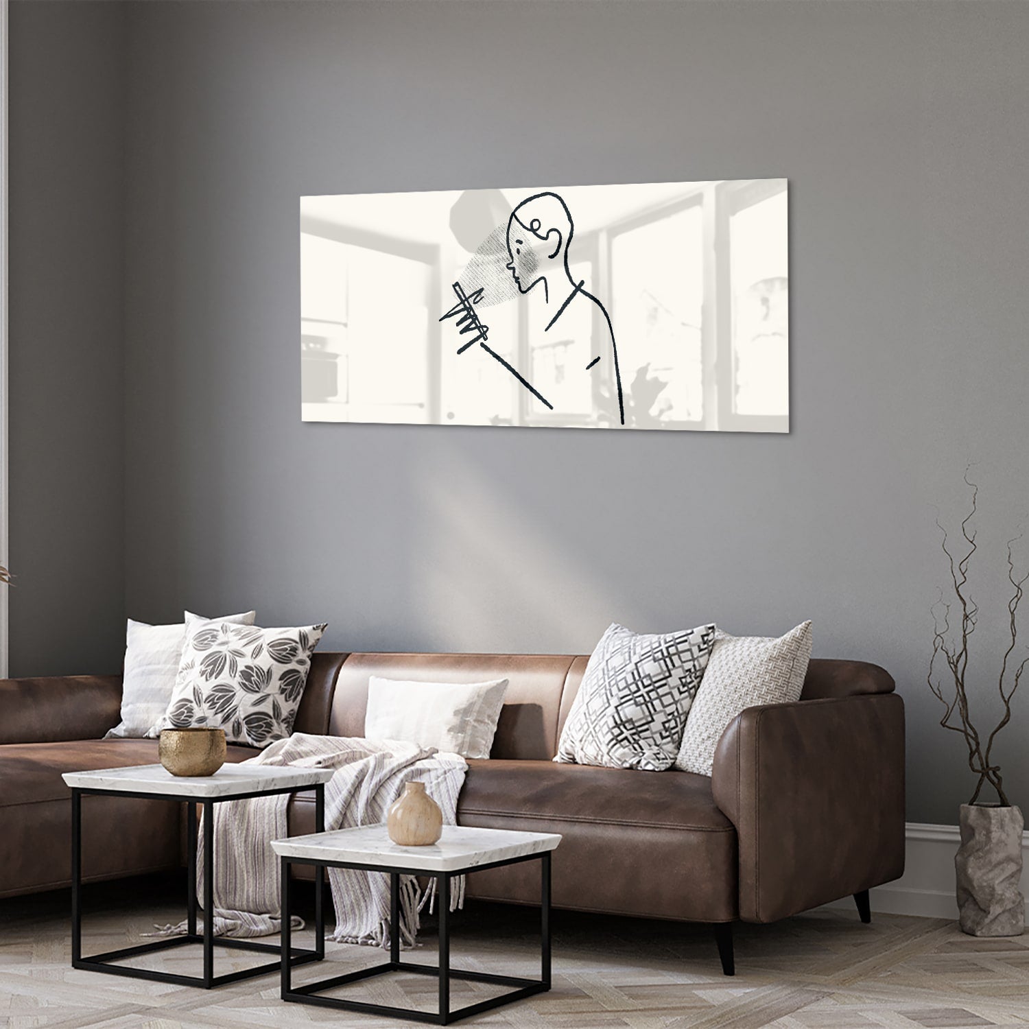 Minimalistisches Glasbild mit Linienzeichnungen – Glasbild aus Sicherheitsglas, Größe 40x40_rond