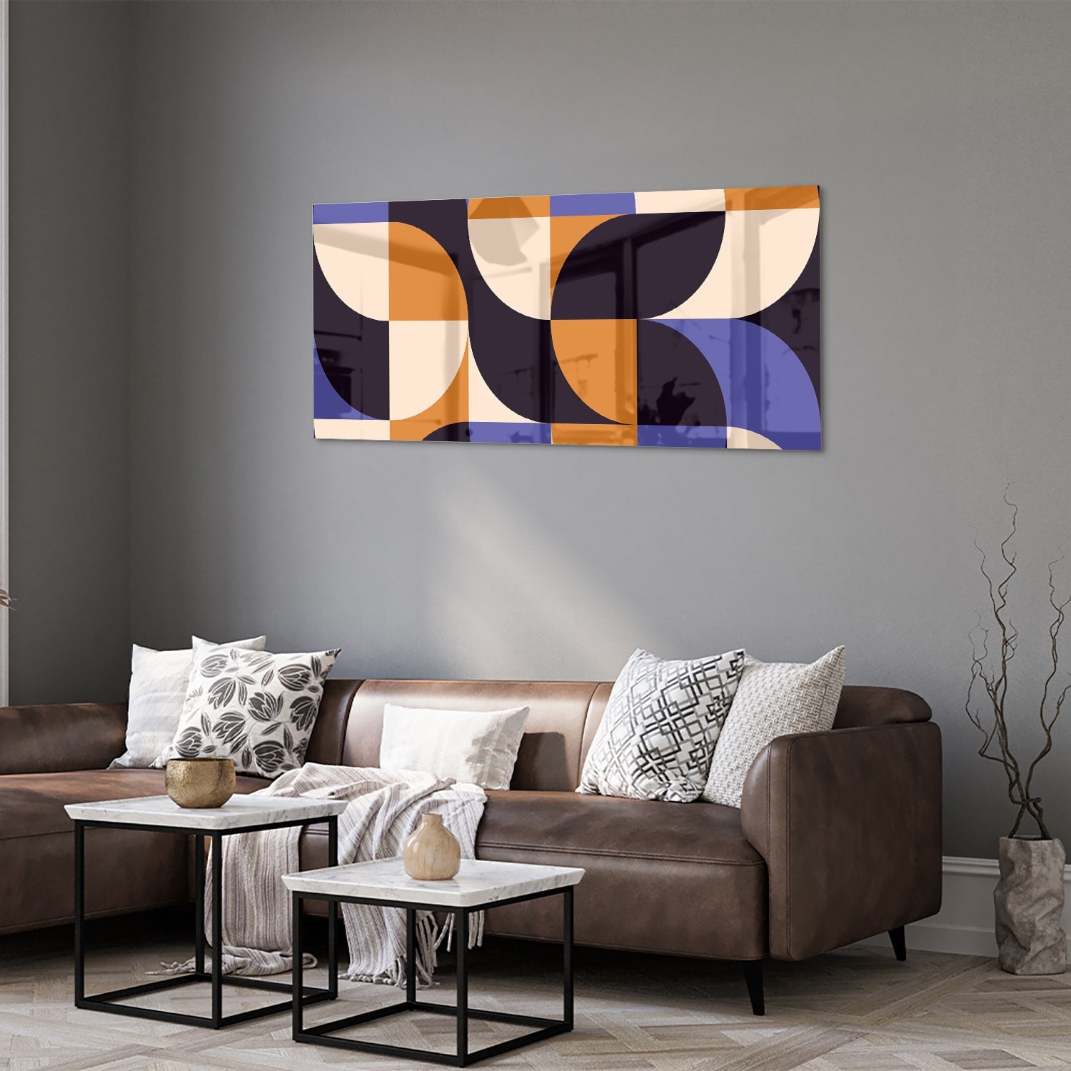 Abstraktes Glasbild in blauen und Orangetönen – Glasbild aus Sicherheitsglas, Größe 40x40_rond