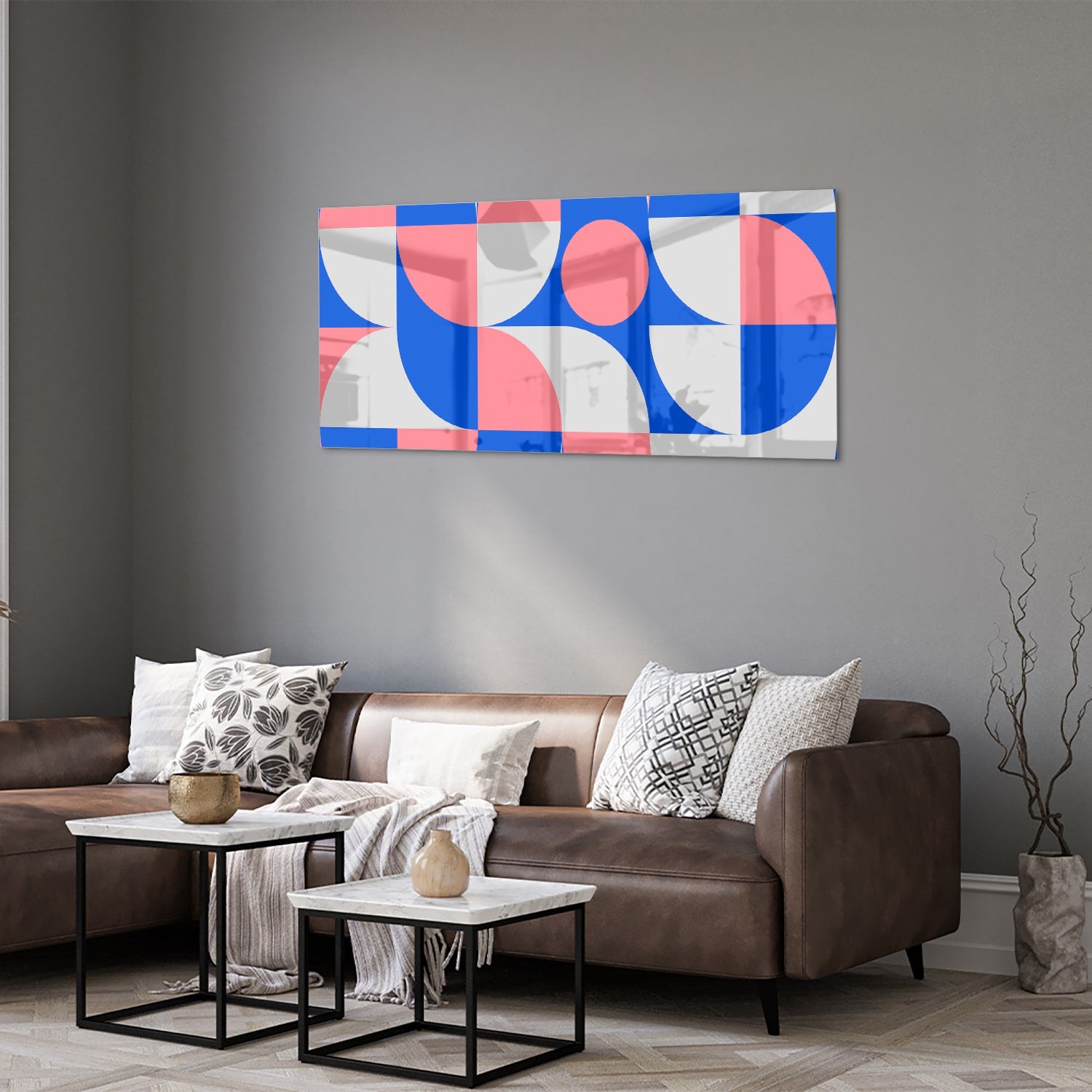 Abstraktes Glasbild mit blauen und rosa Farbtönen – Glasbild aus Sicherheitsglas, Größe 40x40_rond