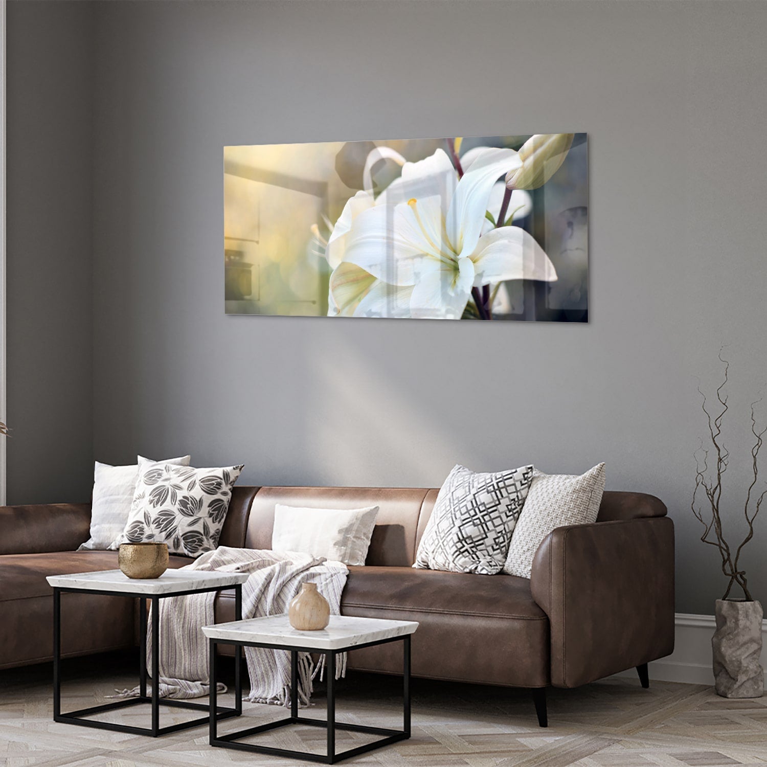 Elegantes Glasbild mit weißer Lilie – Glasbild aus Sicherheitsglas, Größe 40x40_rond