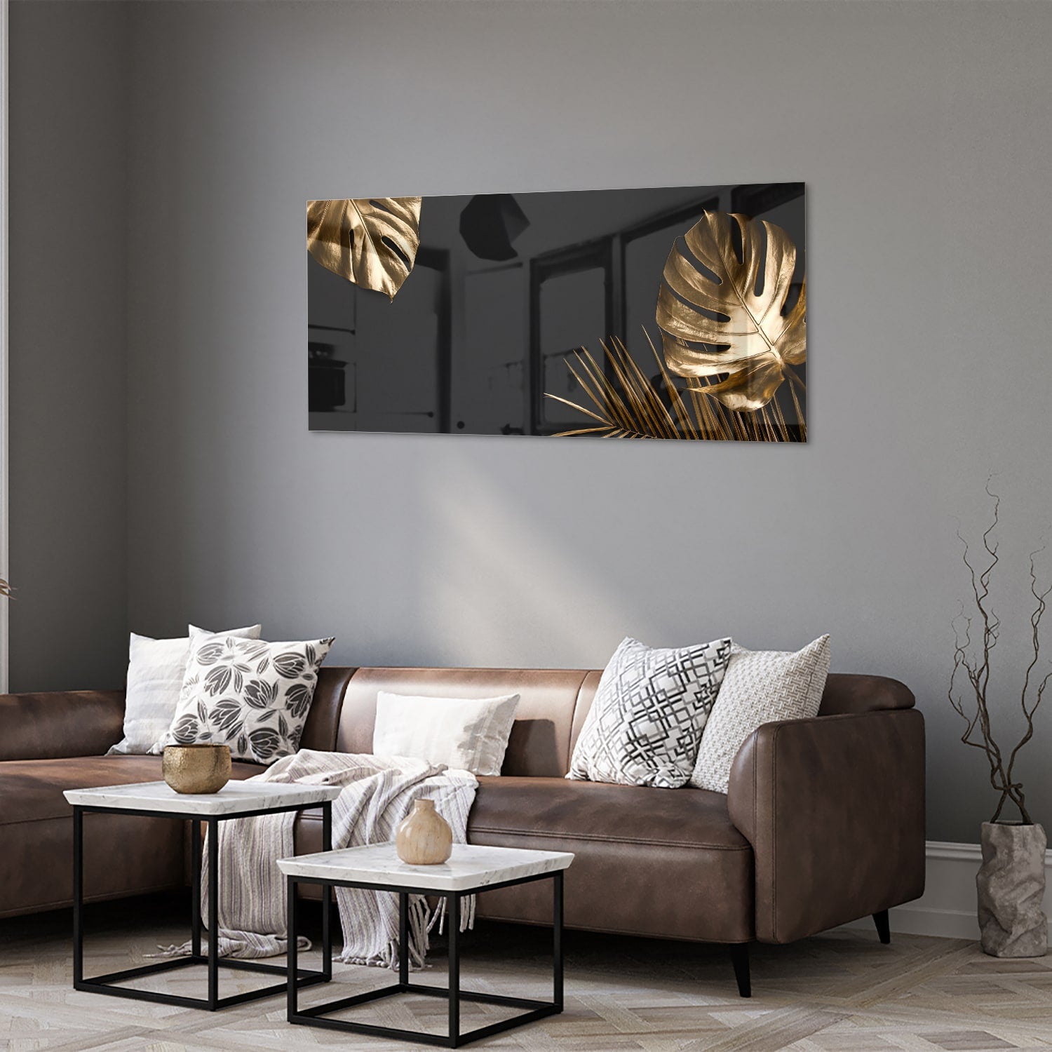 Glänzendes Glasbild mit goldenen Blättern – Glasbild aus Sicherheitsglas, Größe 40x40_rond