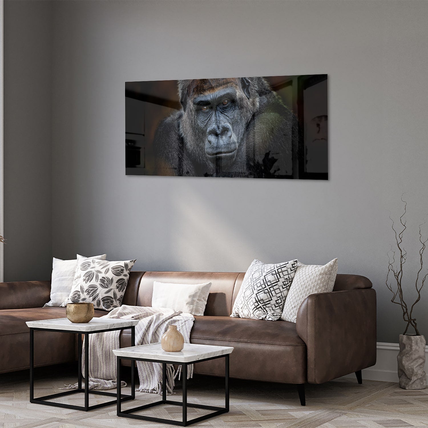 Beeindruckendes Glasbild mit einem Gorilla – Glasbild aus Sicherheitsglas, Größe 40x40_rond