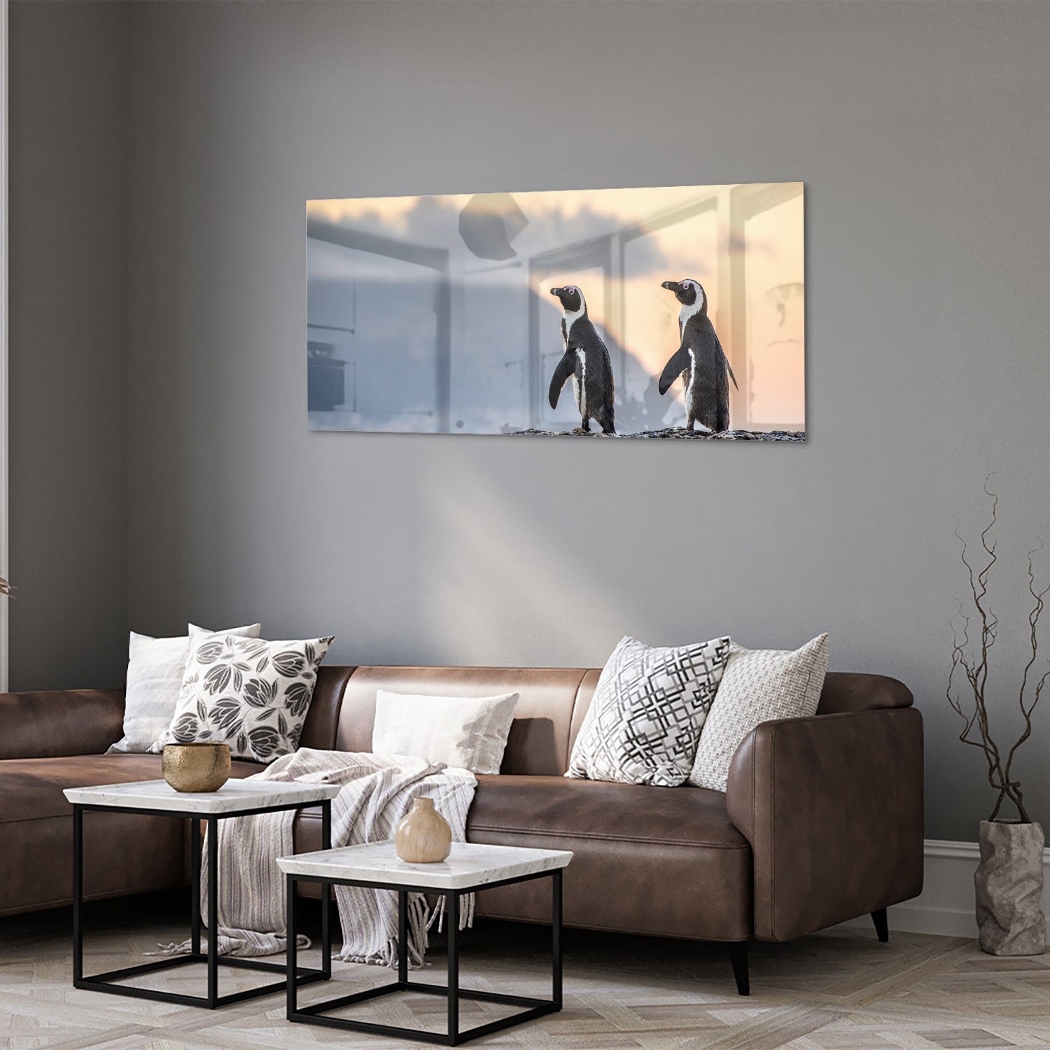 Glasbild mit Pinguinen bei Sonnenuntergang – Glasbild aus Sicherheitsglas, Größe 40x40_rond