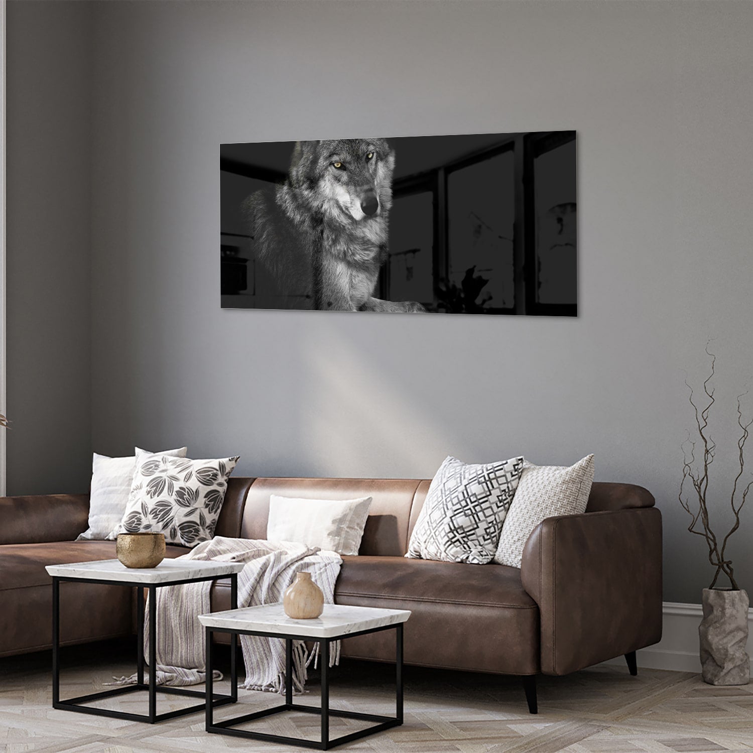 Glasbild mit einem majestätischen Wolf – Glasbild aus Sicherheitsglas, Größe 40x40_rond