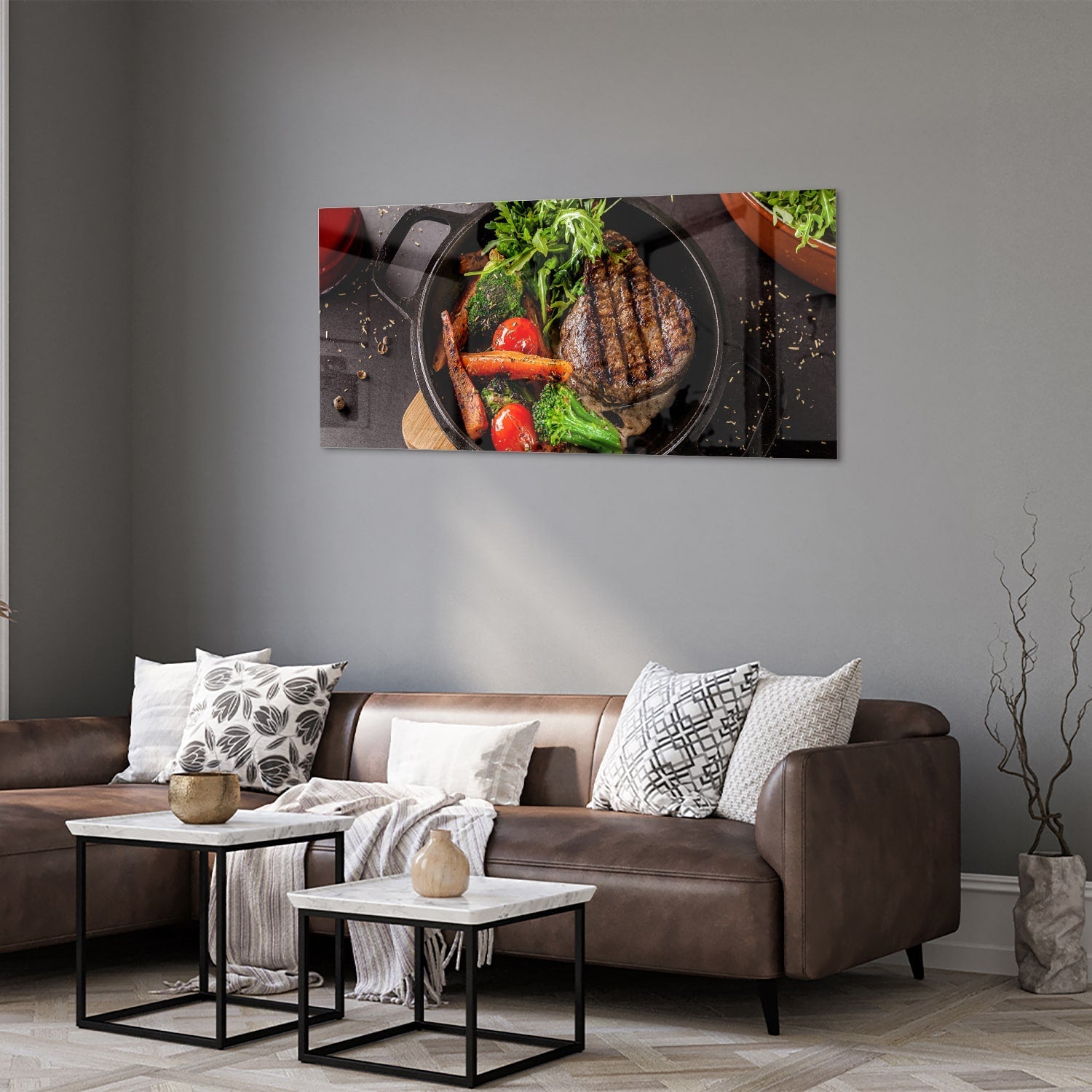 Glasbild mit köstlichen gegrillten Speisen – Glasbild aus Sicherheitsglas, Größe 40x40_rond