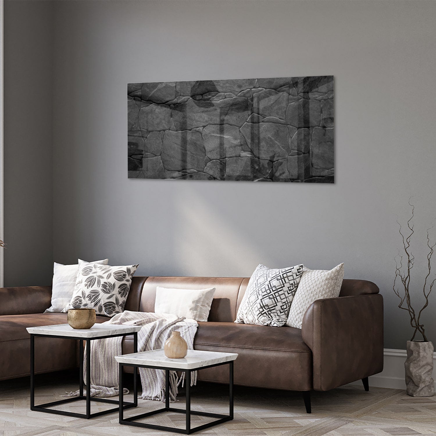 Modernes Glasbild in Schwarz und Grau – Glasbild aus Sicherheitsglas, Größe 40x40_rond
