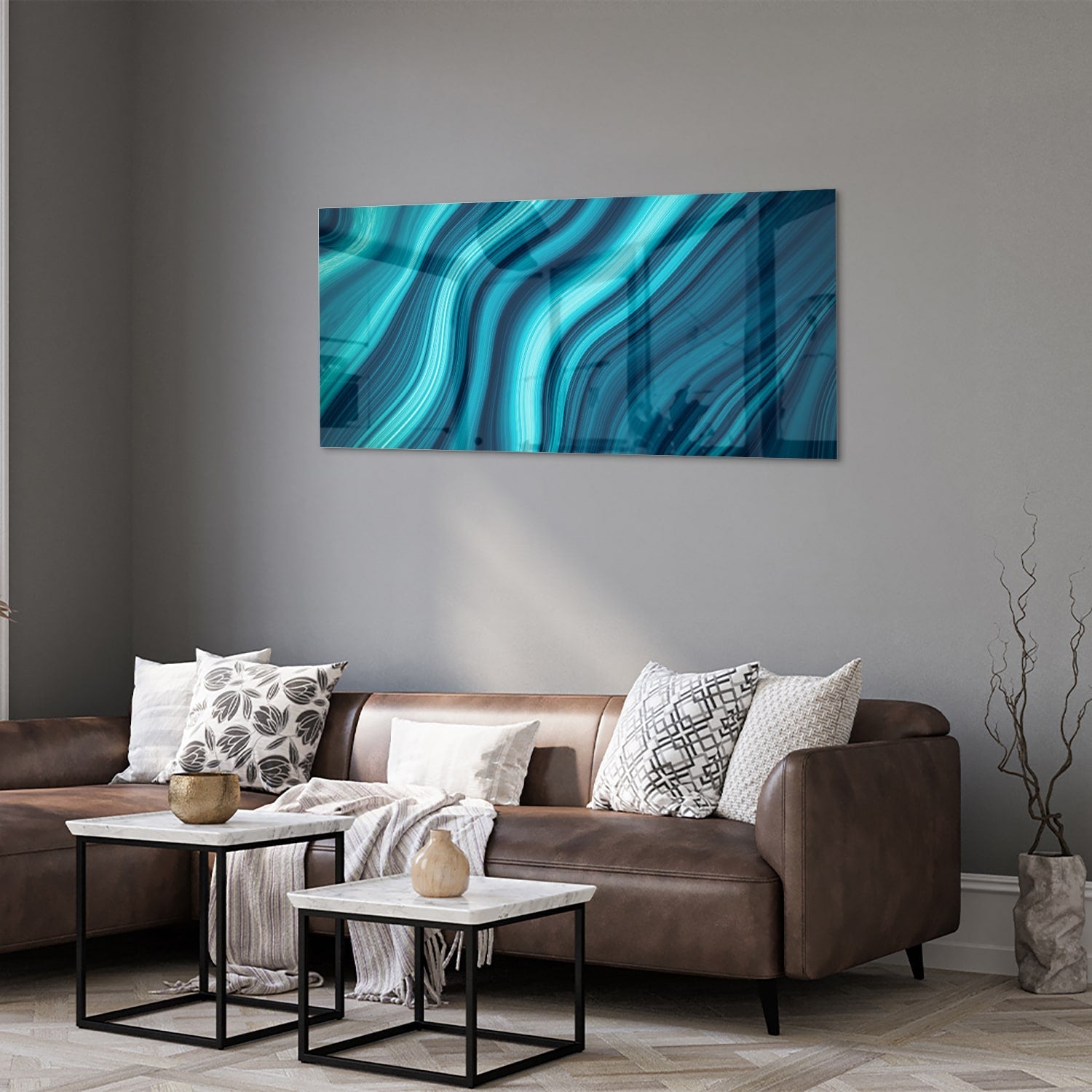 Stilvolles Glasbild mit blauen Wellen – Glasbild aus Sicherheitsglas, Größe 40x40_rond