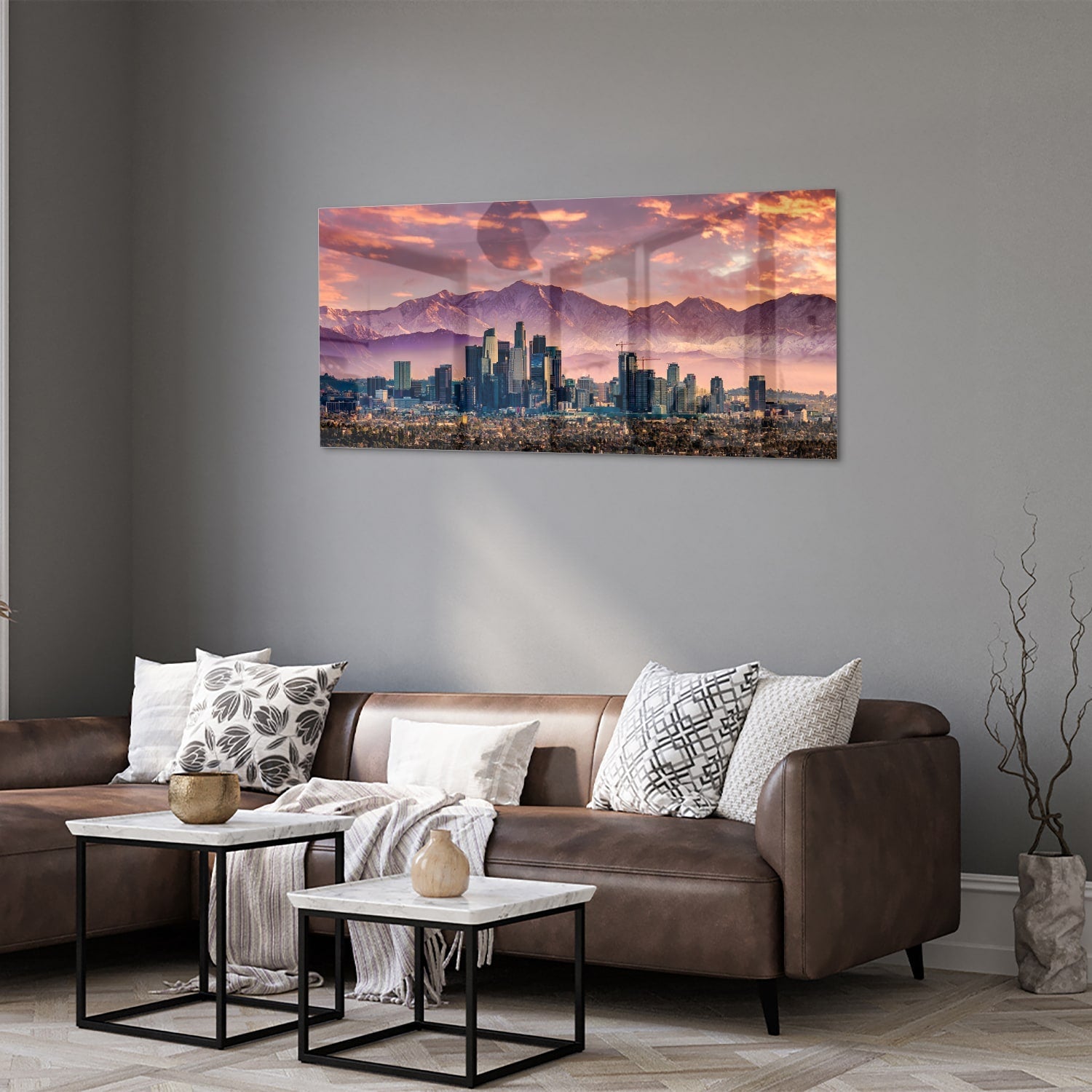 Glasbild Stadtpanorama bei Sonnenuntergang – Glasbild aus Sicherheitsglas, Größe 40x40_rond