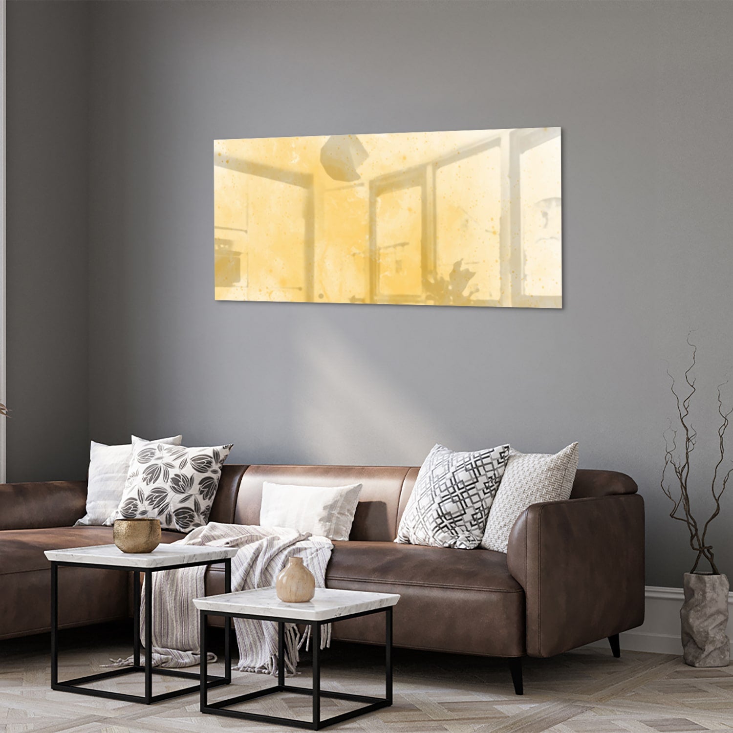 Goldenes abstraktes Glasbild für moderne Innenräume – Glasbild aus Sicherheitsglas, Größe 40x40_rond