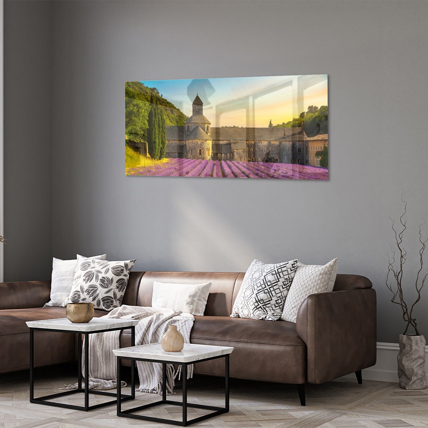Wunderschönes Glasbild mit Lavendelfeldern – Glasbild aus Sicherheitsglas, Größe 40x40_rond