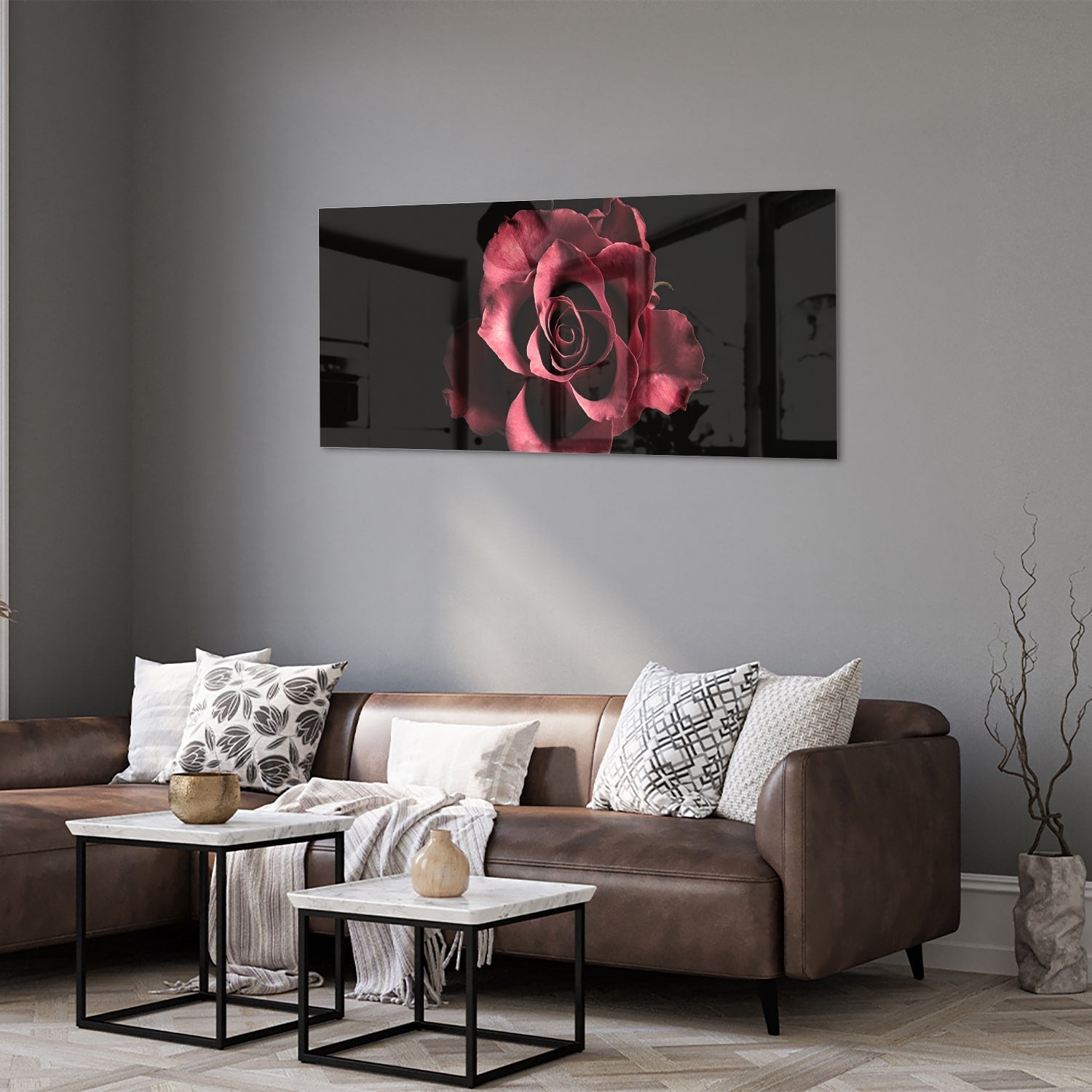 Elegantes Glasbild mit Rosen auf schwarzem Hintergrund – Glasbild aus Sicherheitsglas, Größe 40x40_rond