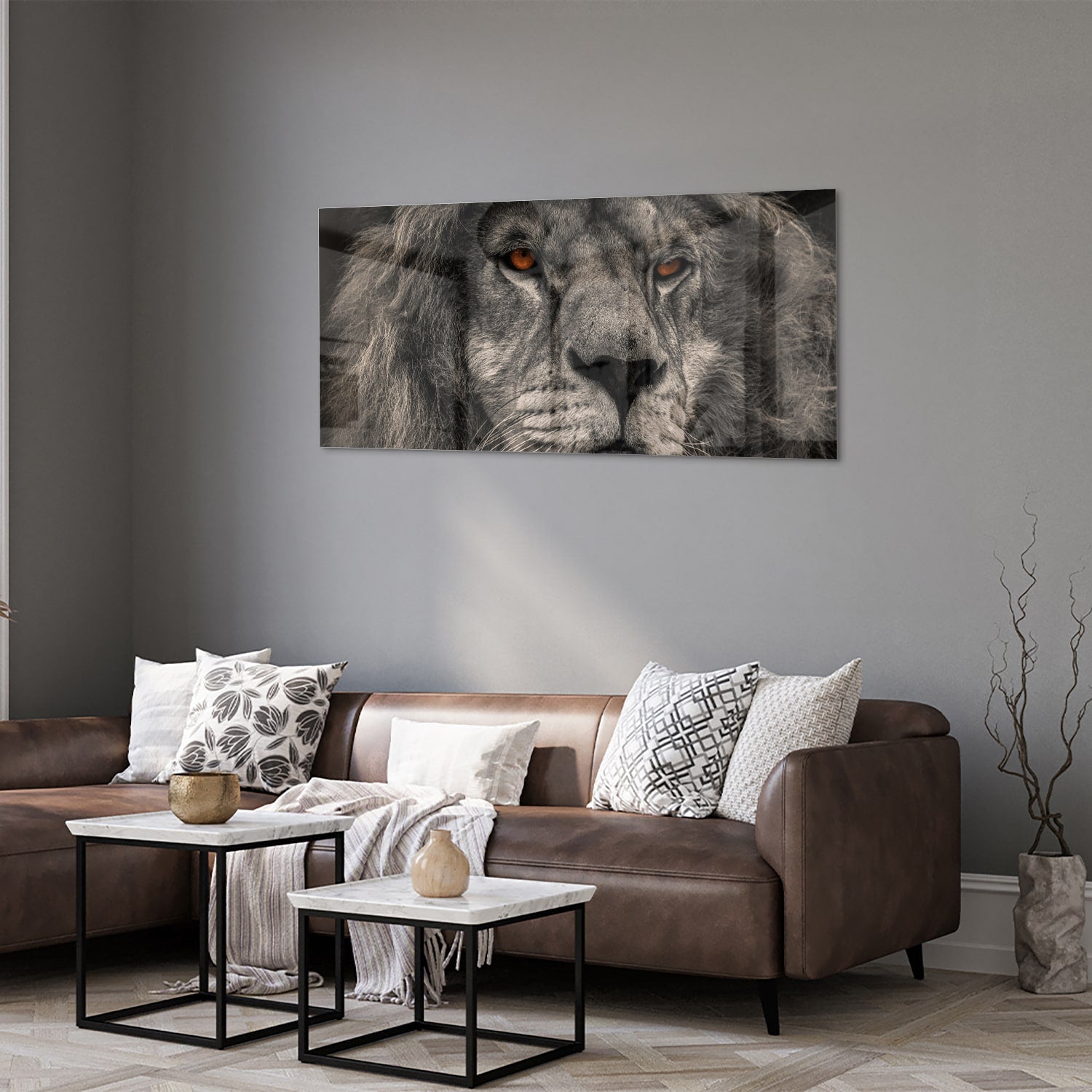 Schwarz-Weiß-Glasbild mit majestätischem Löwen – Glasbild aus Sicherheitsglas, Größe 40x40_rond