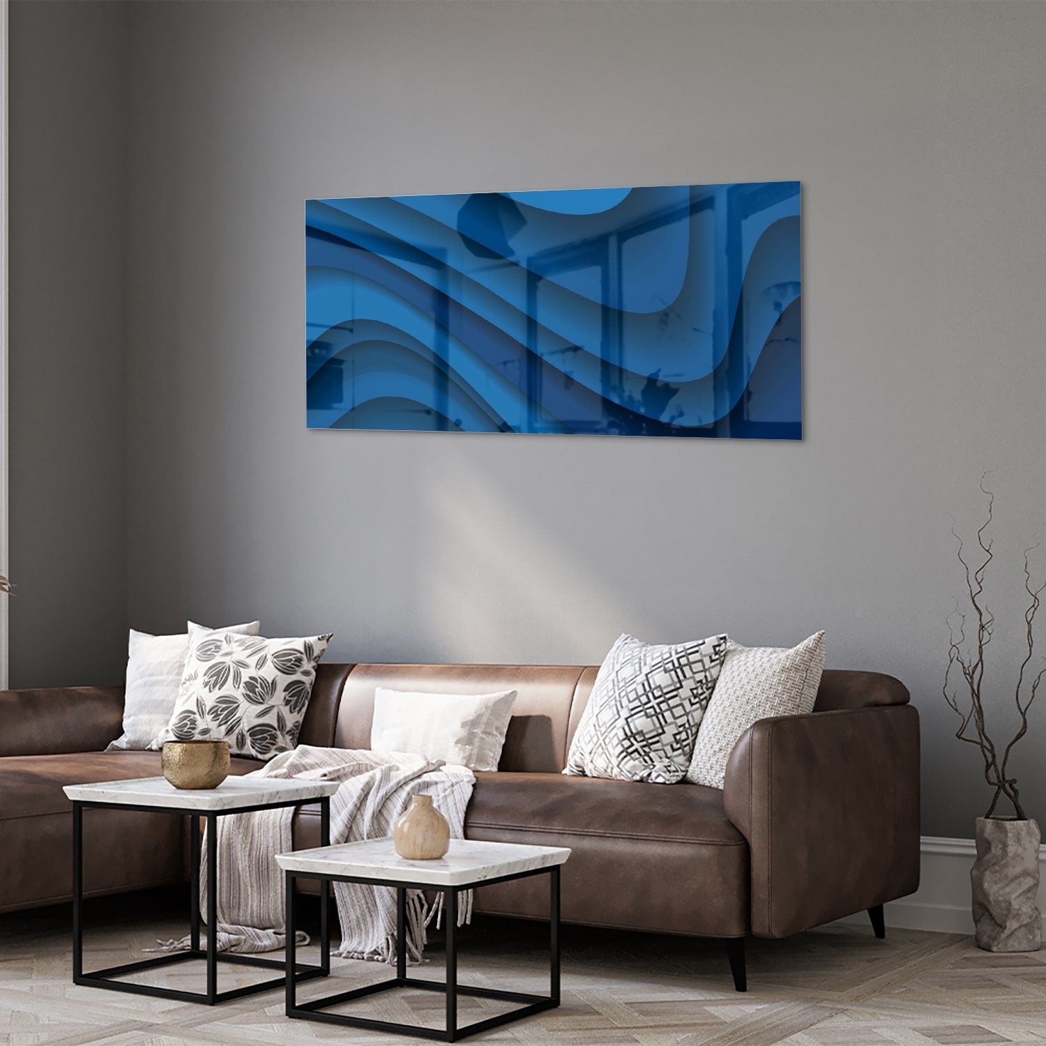 Modernes Glasbild in verschiedenen Blautönen – Glasbild aus Sicherheitsglas, Größe 40x40_rond