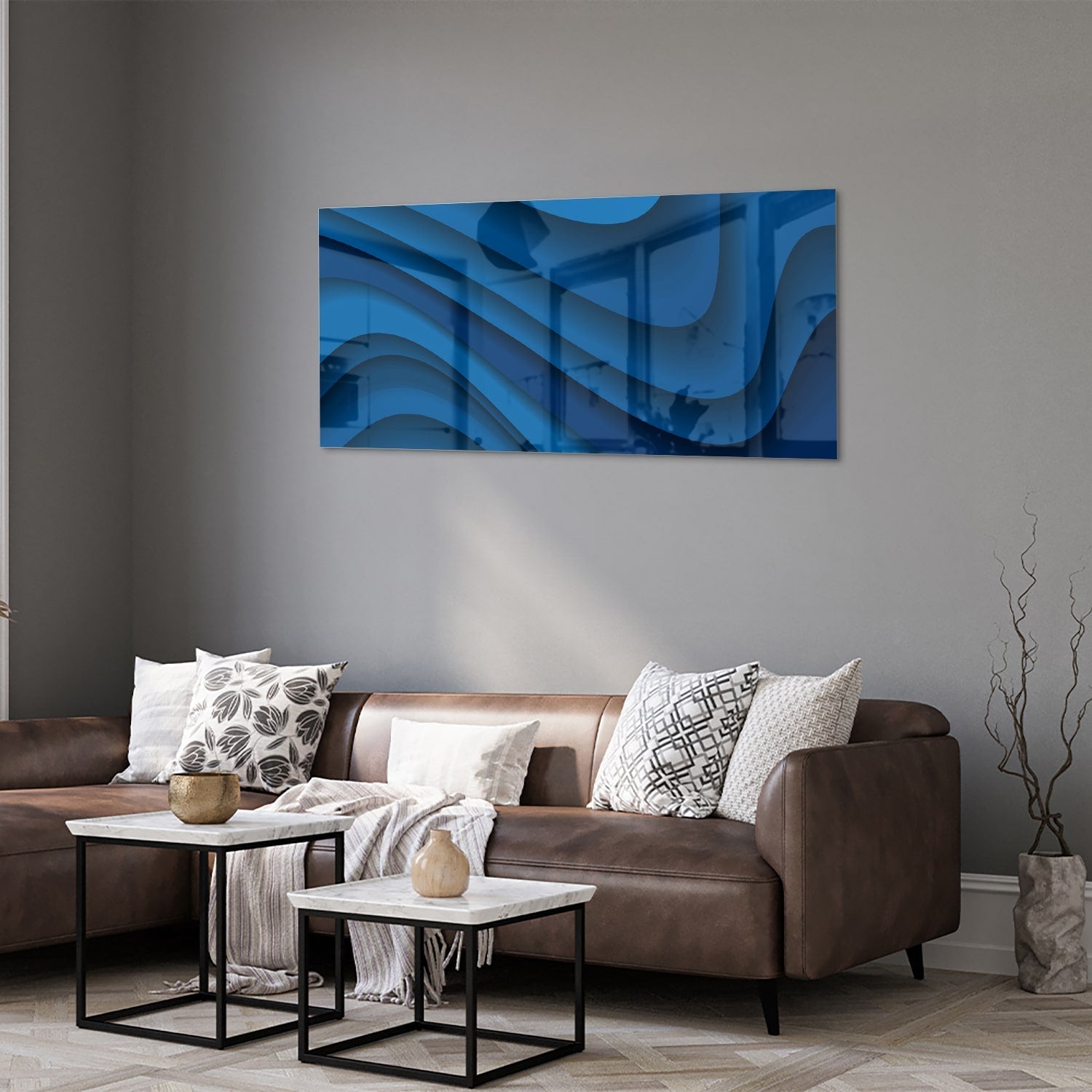 Modernes Glasbild in verschillende blauwtinten als moderne Glas-Wanddekoration aus 4 mm Sicherheitsglas