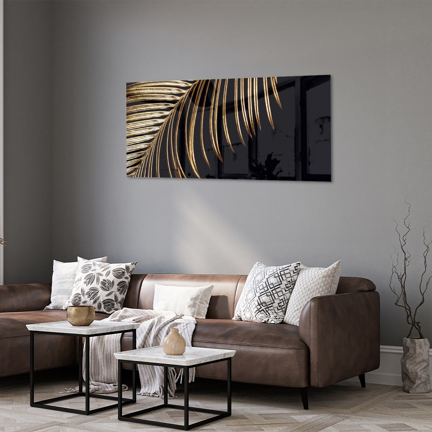 Goldfarbenes Glasbild mit Palmblatt auf schwarzem Hintergrund – Glasbild aus Sicherheitsglas, Größe 40x40_rond