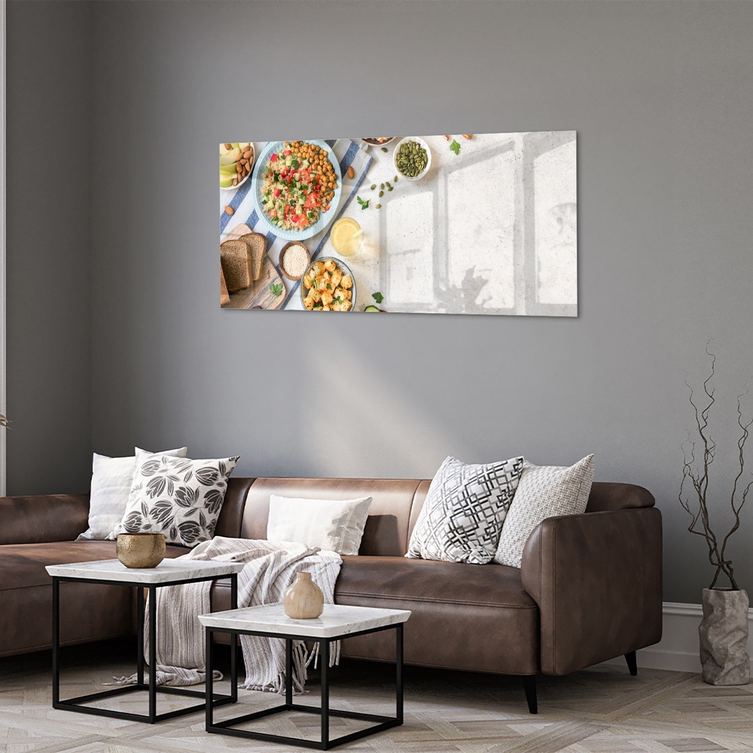 Farbenfrohes Glasbild mit frischen Speisen – Glasbild aus Sicherheitsglas, Größe 40x40_rond