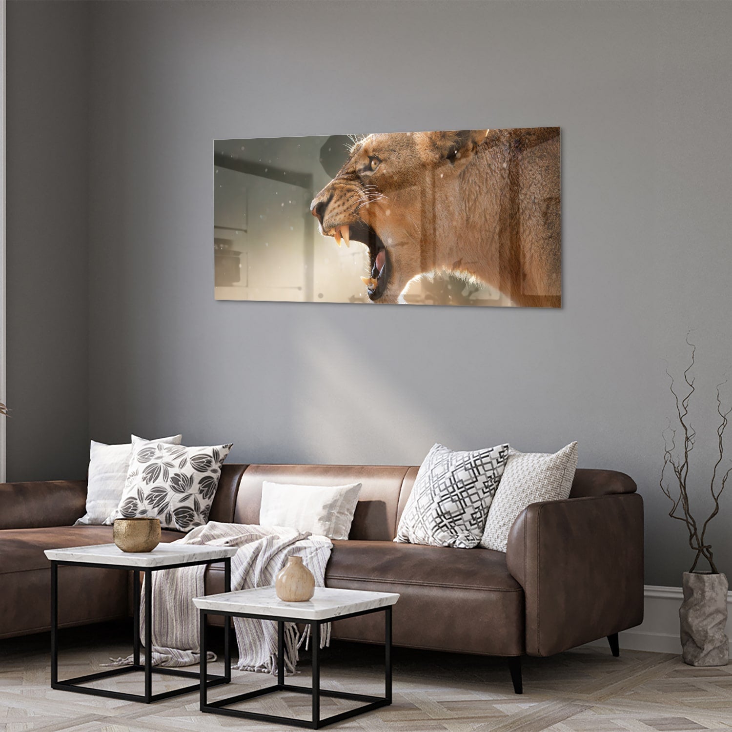 Beeindruckendes Glasbild mit einem brüllenden Löwen – Glasbild aus Sicherheitsglas, Größe 40x40_rond