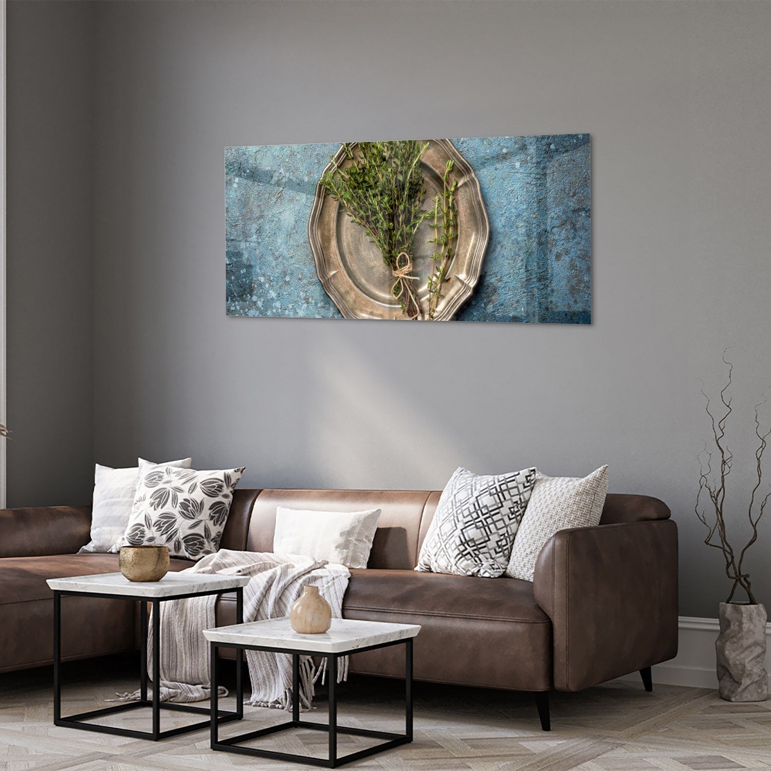 Glasbild mit Grünpflanze in einer antiken Schale – Glasbild aus Sicherheitsglas, Größe 40x40_rond