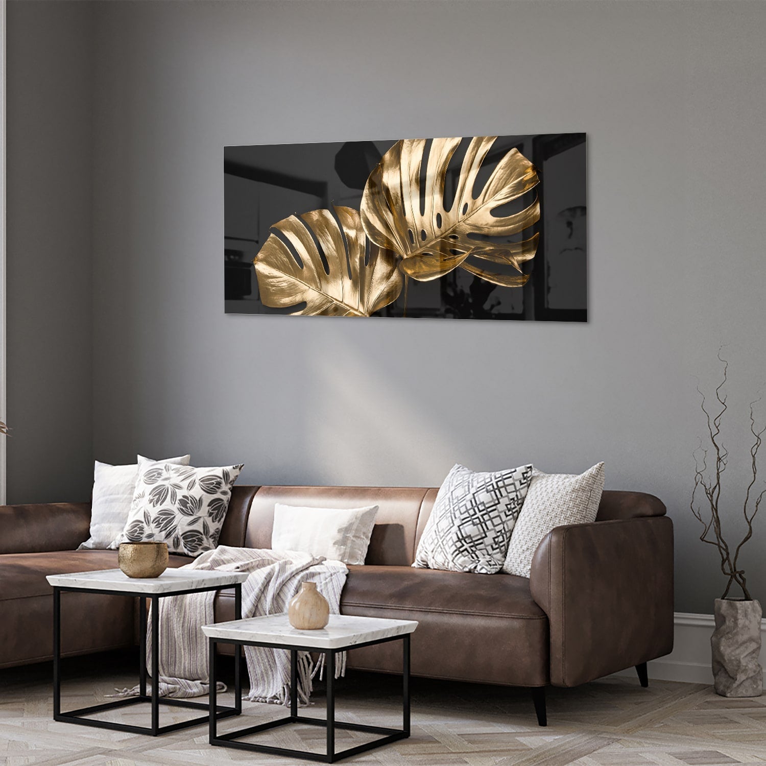 Goldenes Monstera-Glasbild für Wanddekoration – Glasbild aus Sicherheitsglas, Größe 40x40_rond