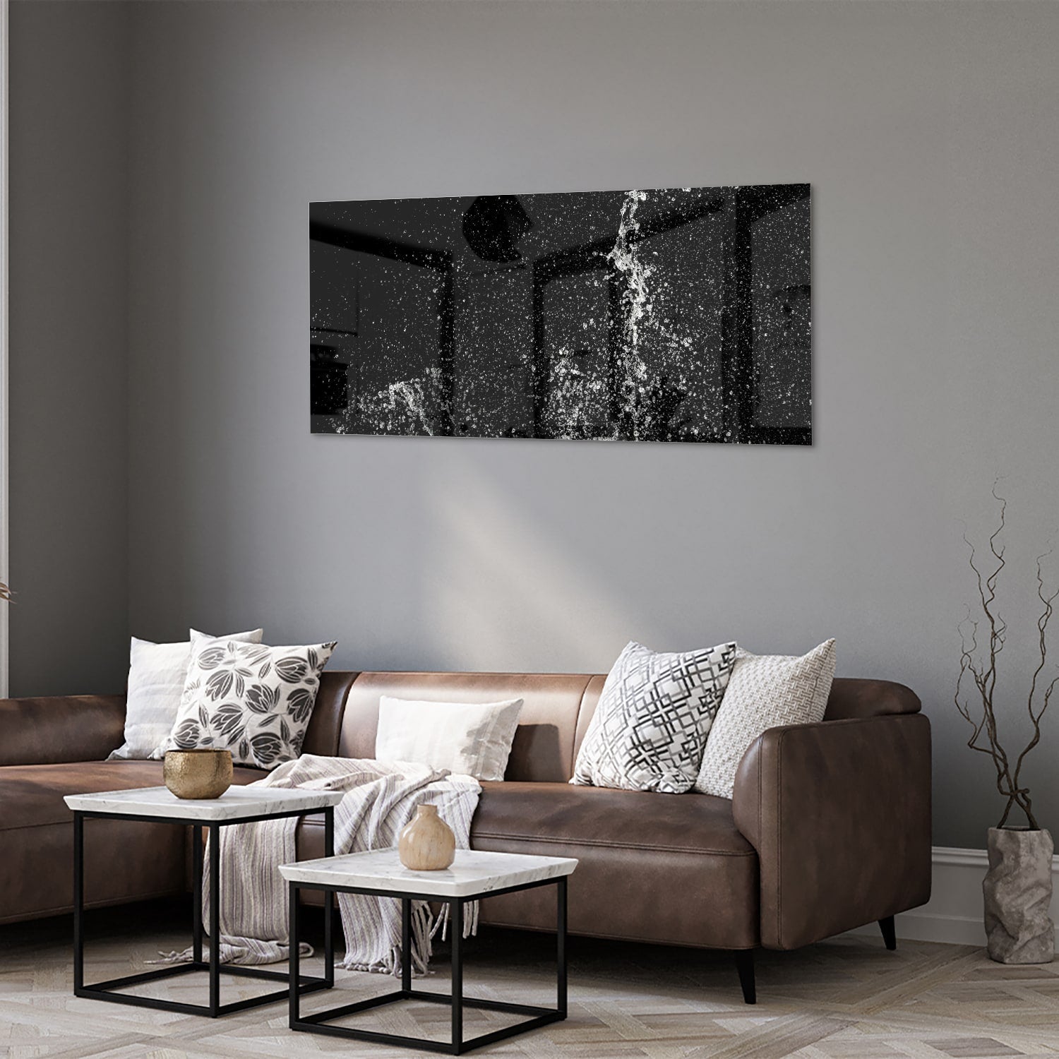 Schwarz-Weiß-Glasbild mit Spritzwassereffekt – Glasbild aus Sicherheitsglas, Größe 40x40_rond