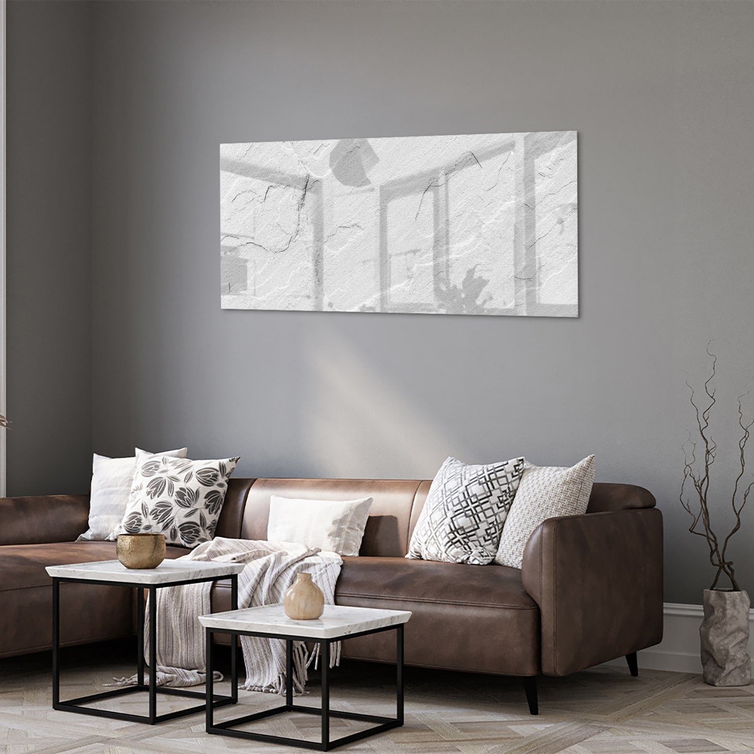 Minimalistisches Glasbild in Grautönen – Glasbild aus Sicherheitsglas, Größe 40x40_rond