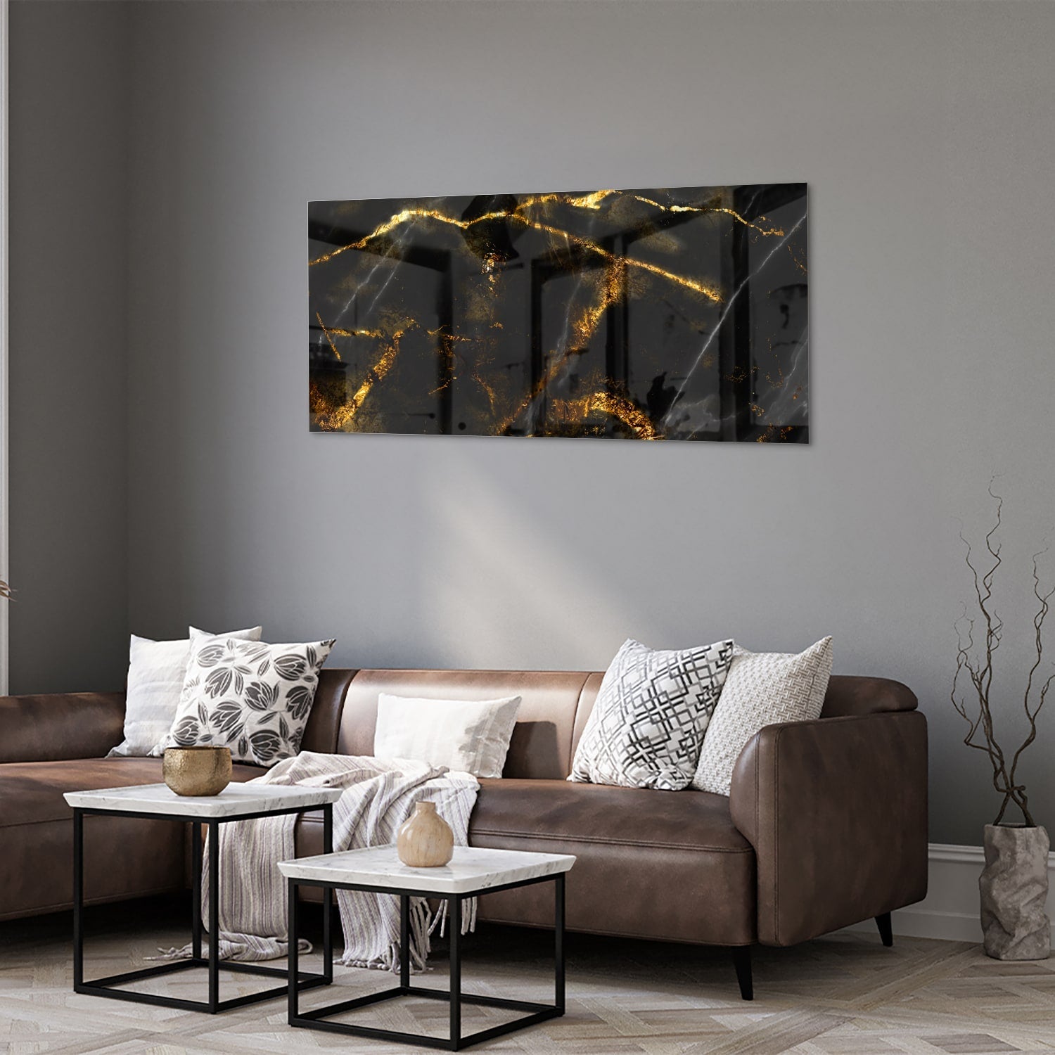 Glasbild mit schwarzem und goldenem Marmordesign – Glasbild aus Sicherheitsglas, Größe 40x40_rond