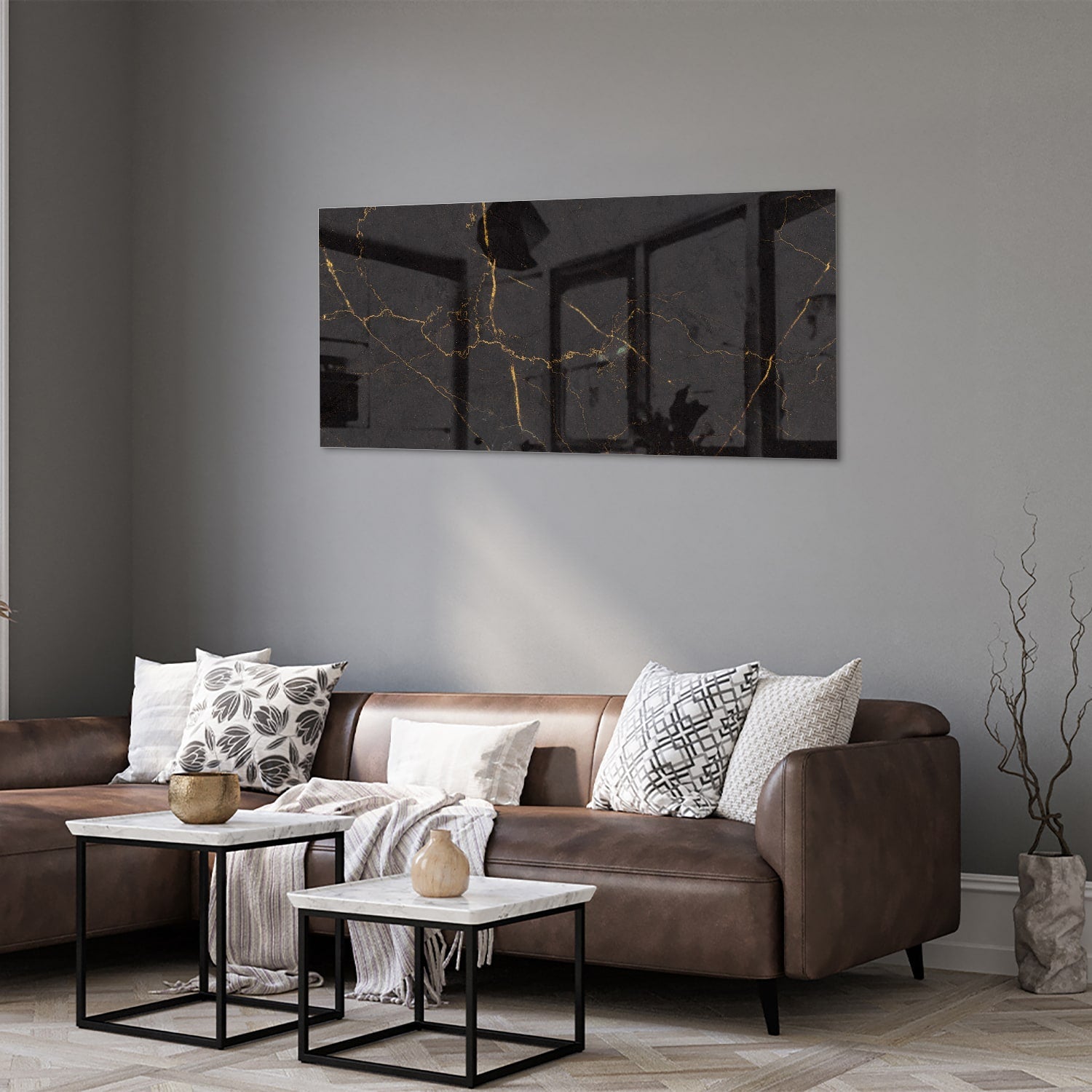 Schwarzes Glasbild mit goldenen Linien – Glasbild aus Sicherheitsglas, Größe 40x40_rond