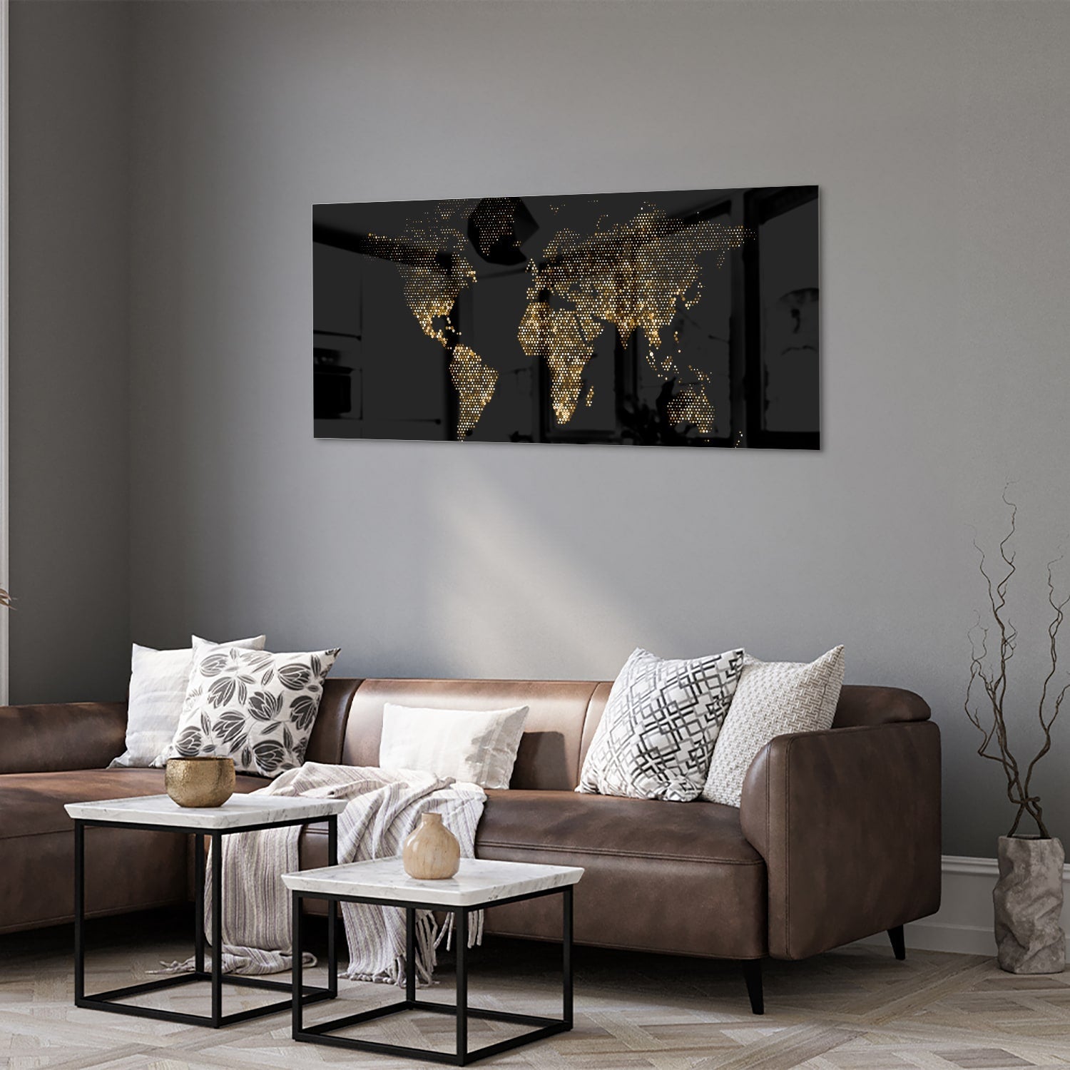 Elegantes Glasbild mit Weltkarte in Schwarz und Gold – Glasbild aus Sicherheitsglas, Größe 40x40_rond