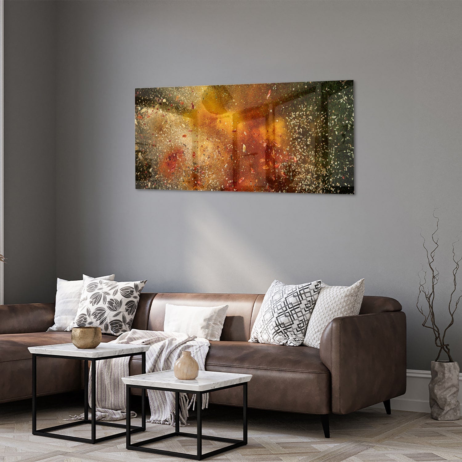 Abstraktes Glasbild mit warmen Farben – Glasbild aus Sicherheitsglas, Größe 40x40_rond