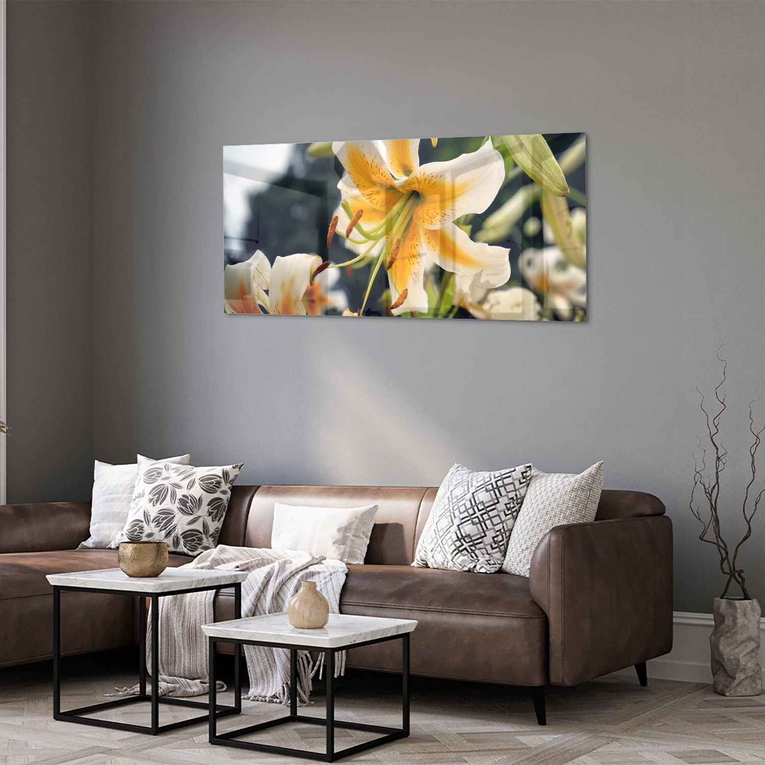 Elegantes Glasbild mit Lilien – Glasbild aus Sicherheitsglas, Größe 40x40_rond