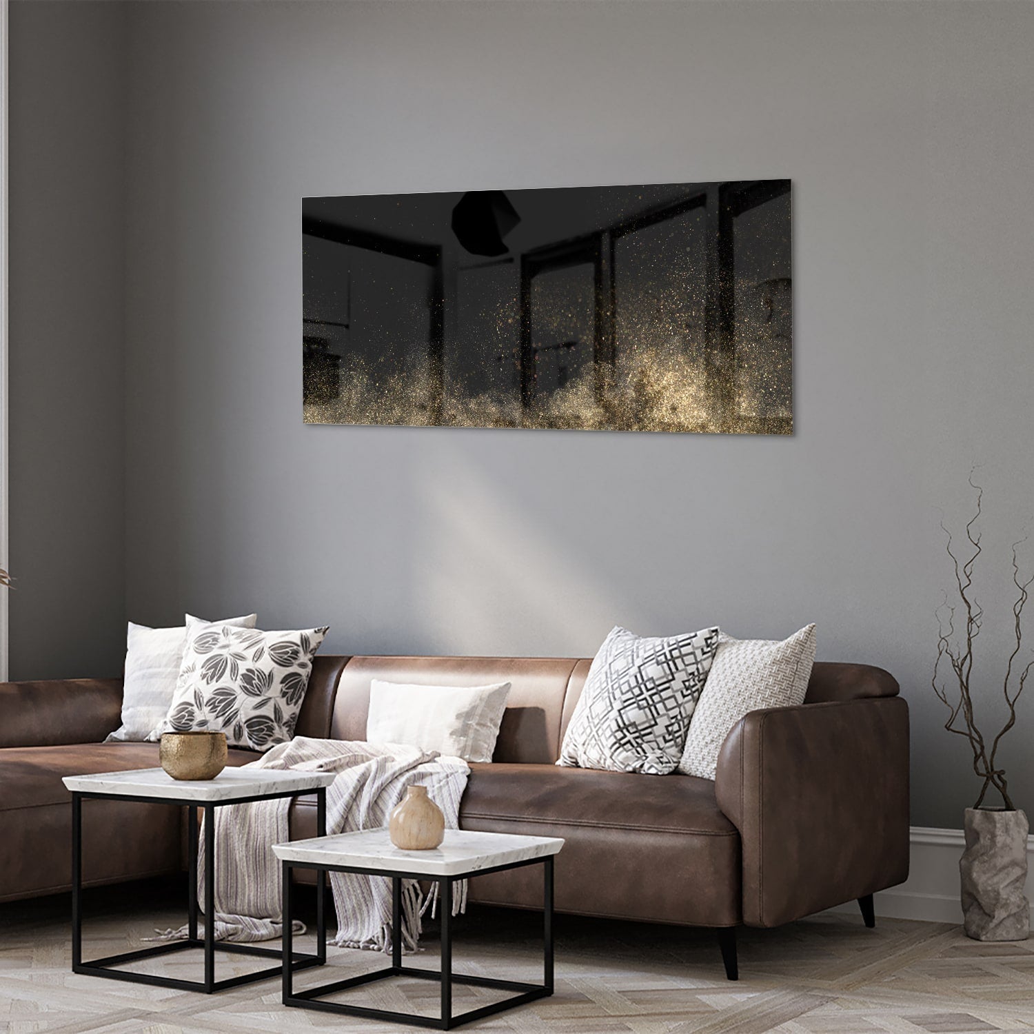 Stilvolles Glasbild mit schwarzen und goldenen Akzenten – Glasbild aus Sicherheitsglas, Größe 40x40_rond