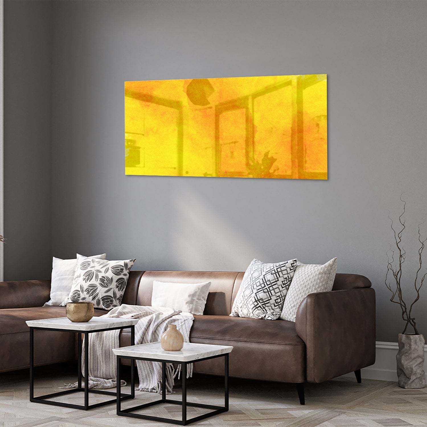 Leuchtend gelbes Glasbild für ein geradliniges Interieur – Glasbild aus Sicherheitsglas, Größe 40x40_rond