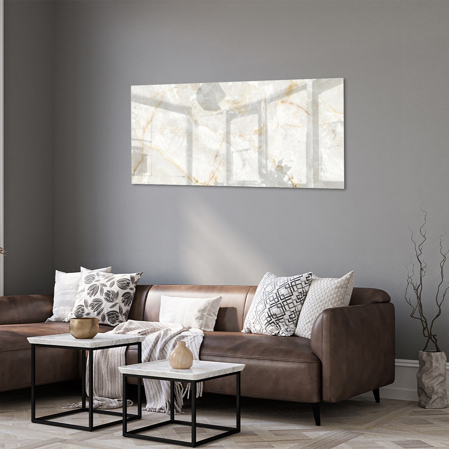 Elegantes Glasbild mit Gold und Grau – Glasbild aus Sicherheitsglas, Größe 40x40_rond
