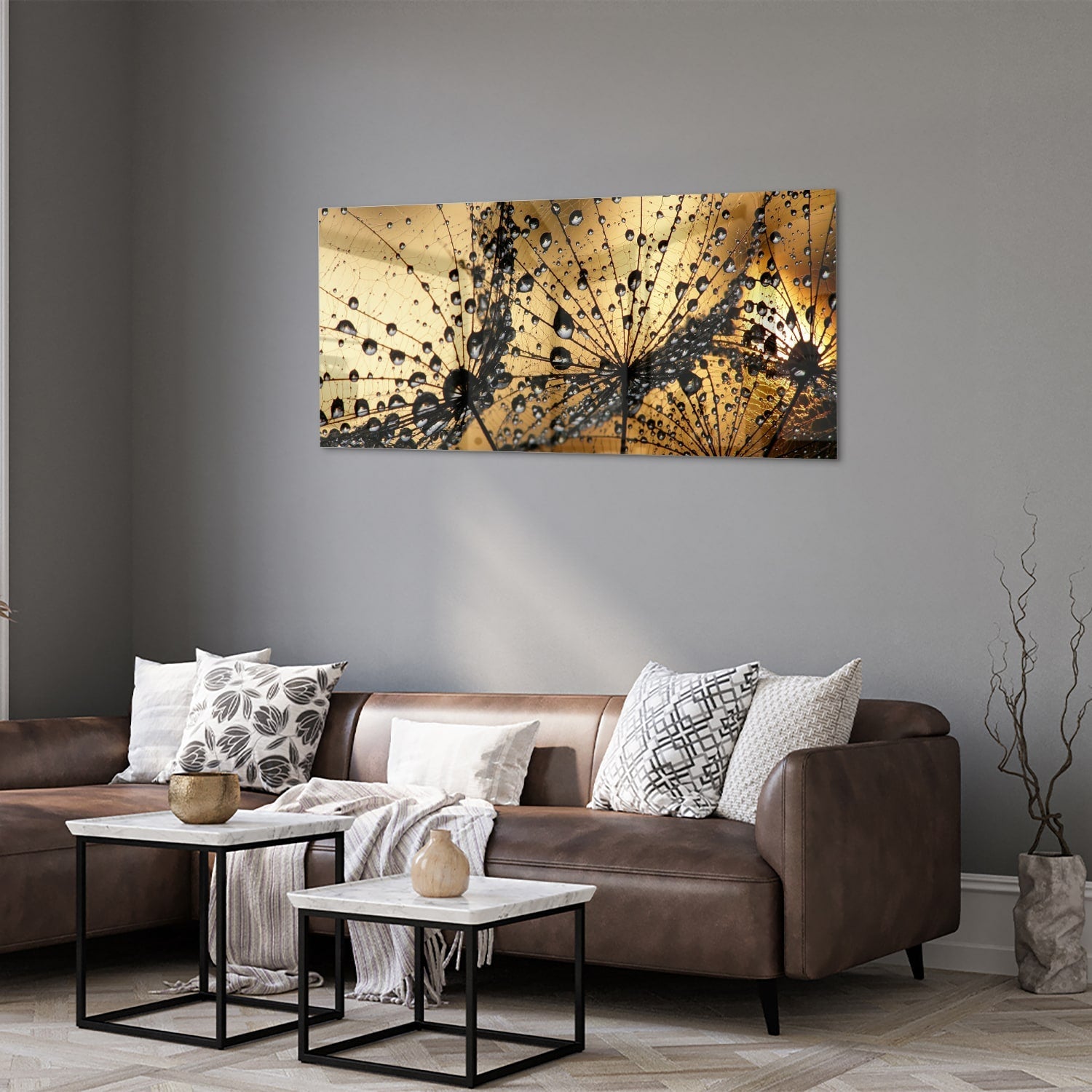 Glasbild mit goldenen Wassertropfen – Glasbild aus Sicherheitsglas, Größe 40x40_rond