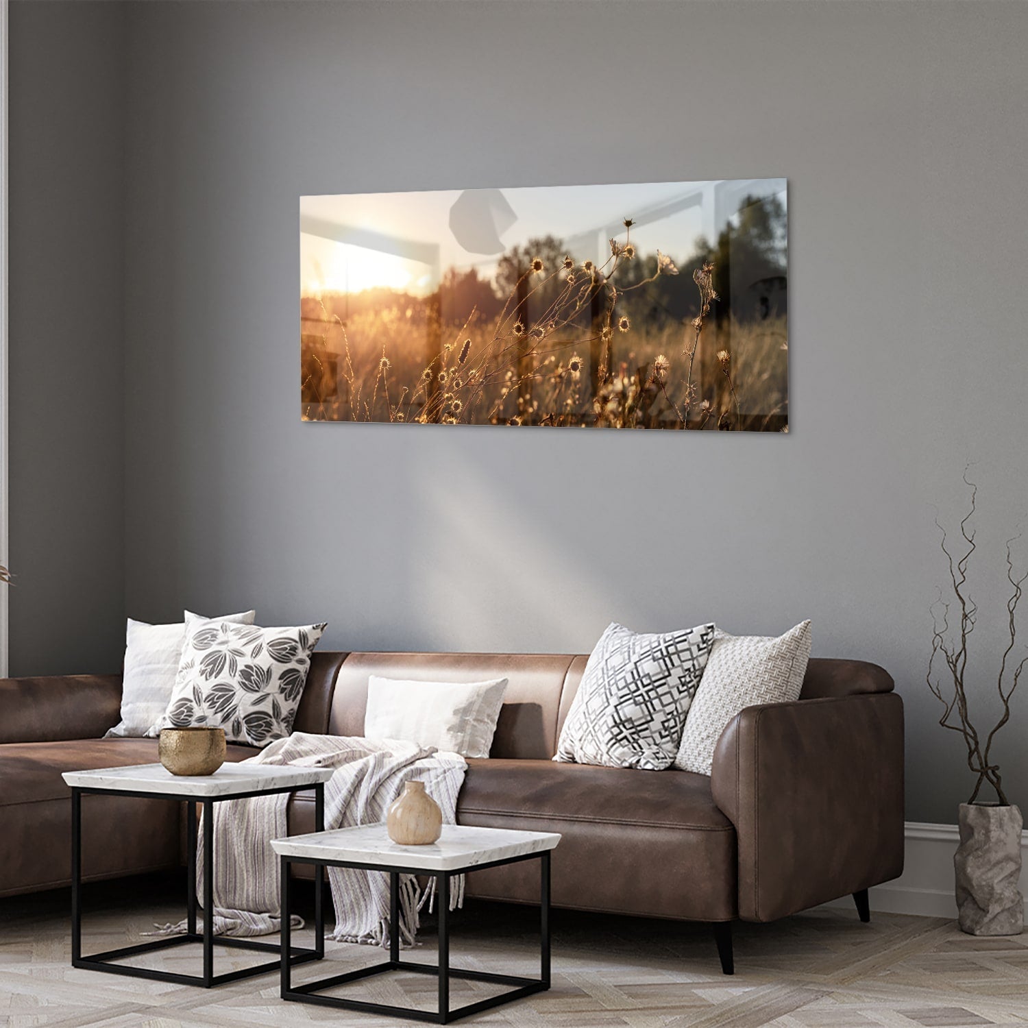 Zauberhaftes Glasbild mit goldenem Sonnenuntergang – Glasbild aus Sicherheitsglas, Größe 40x40_rond
