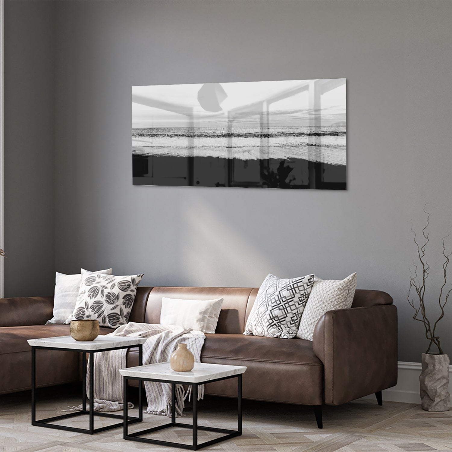 Minimalistisches Schwarz-Weiß-Glasbild – Glasbild aus Sicherheitsglas, Größe 40x40_rond