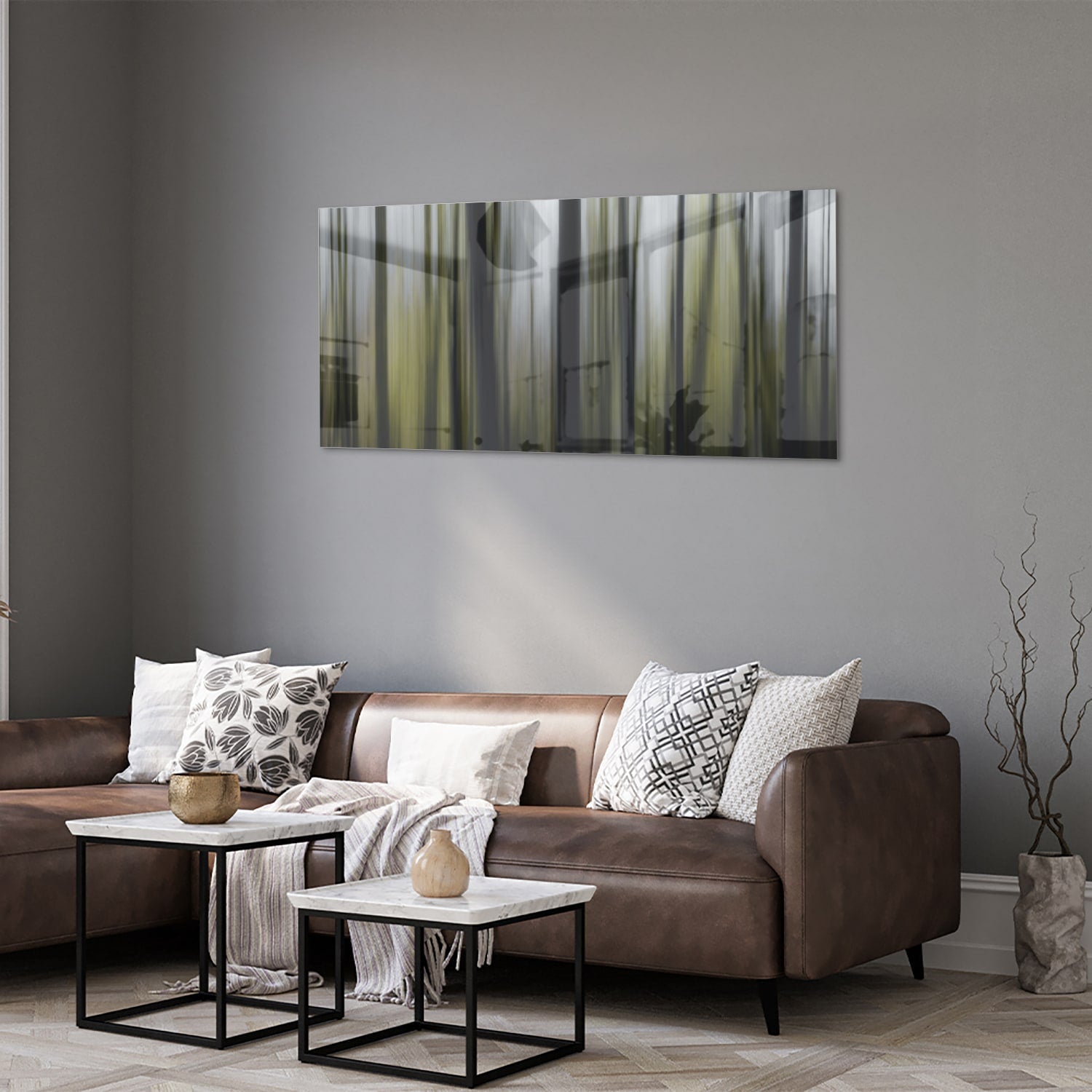 Glasbild mit grünem Bambus in einem modernen Wohnzimmer – Glasbild aus Sicherheitsglas, Größe 40x40_rond