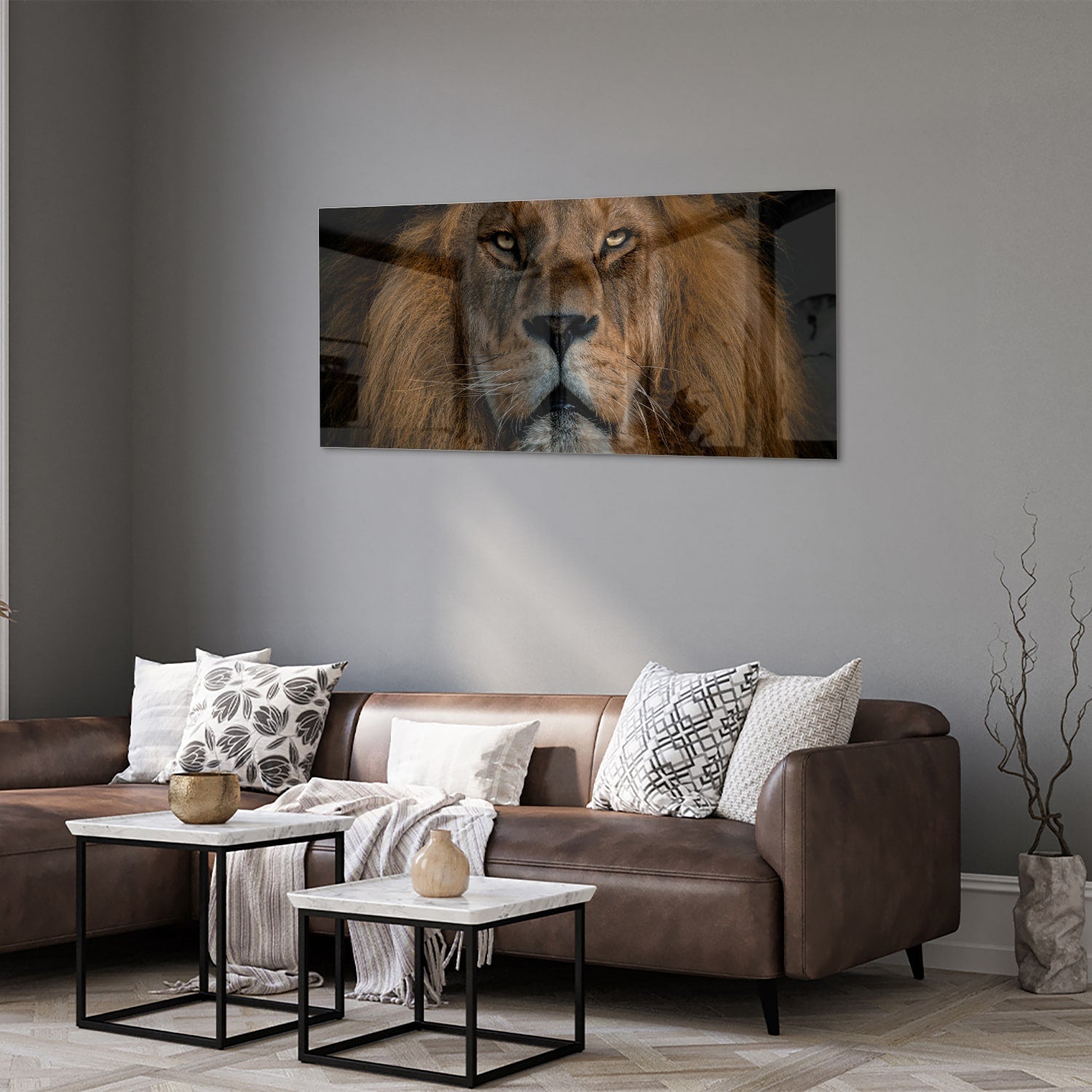 Glasbild mit majestätischem Löwen – einzigartige Wanddekoration – Glasbild aus Sicherheitsglas, Größe 40x40_rond