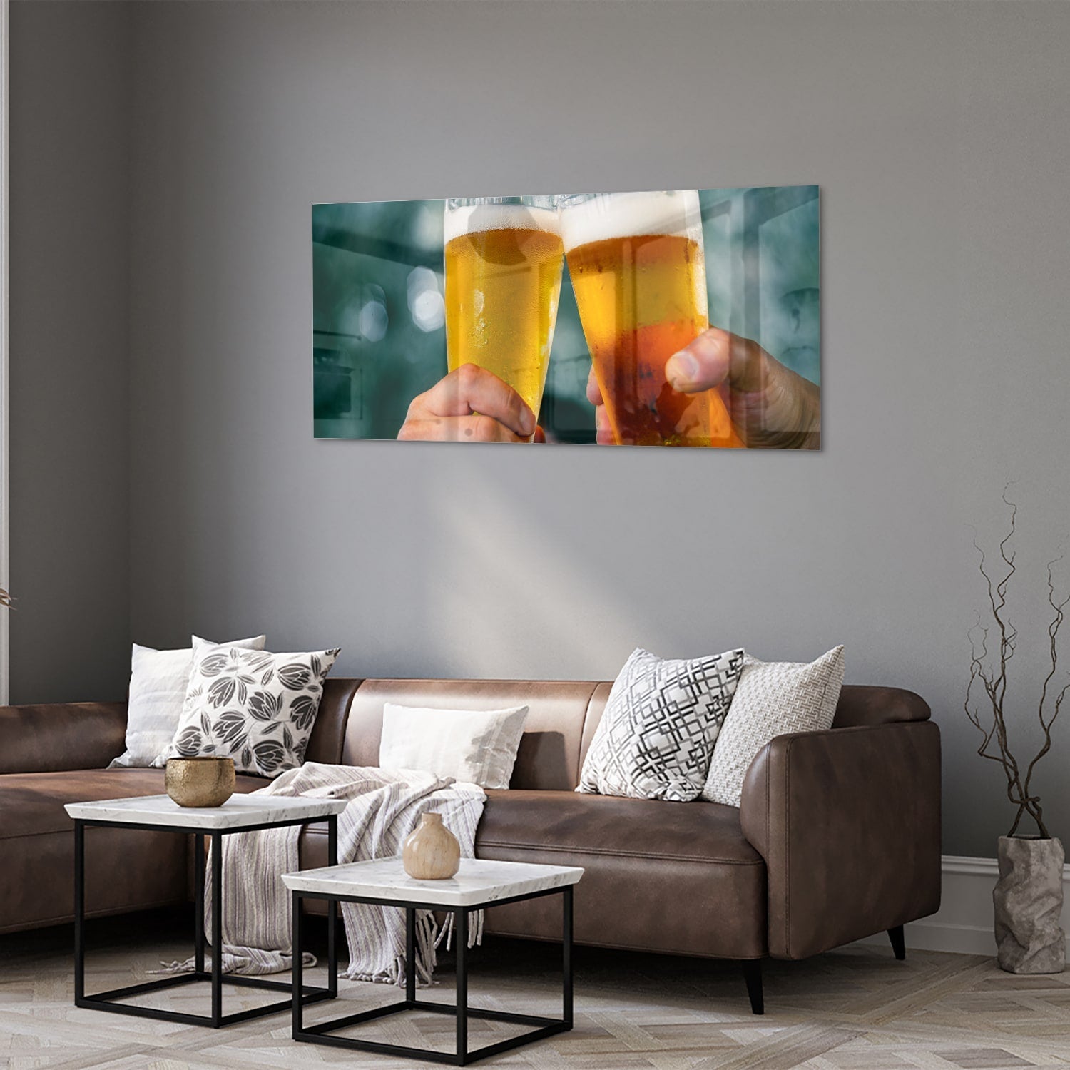 Glasbild mit zwei Biergläsern – Prost – Glasbild aus Sicherheitsglas, Größe 40x40_rond