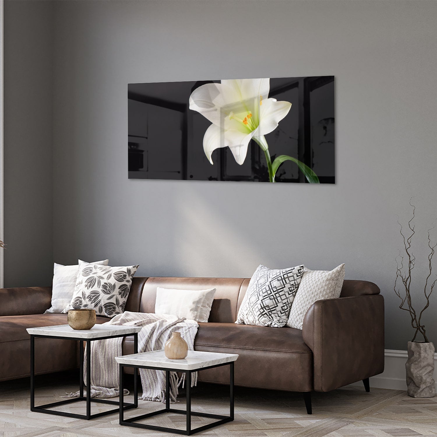 Stilvolles Glasbild mit einer weißen Lilie – Glasbild aus Sicherheitsglas, Größe 40x40_rond