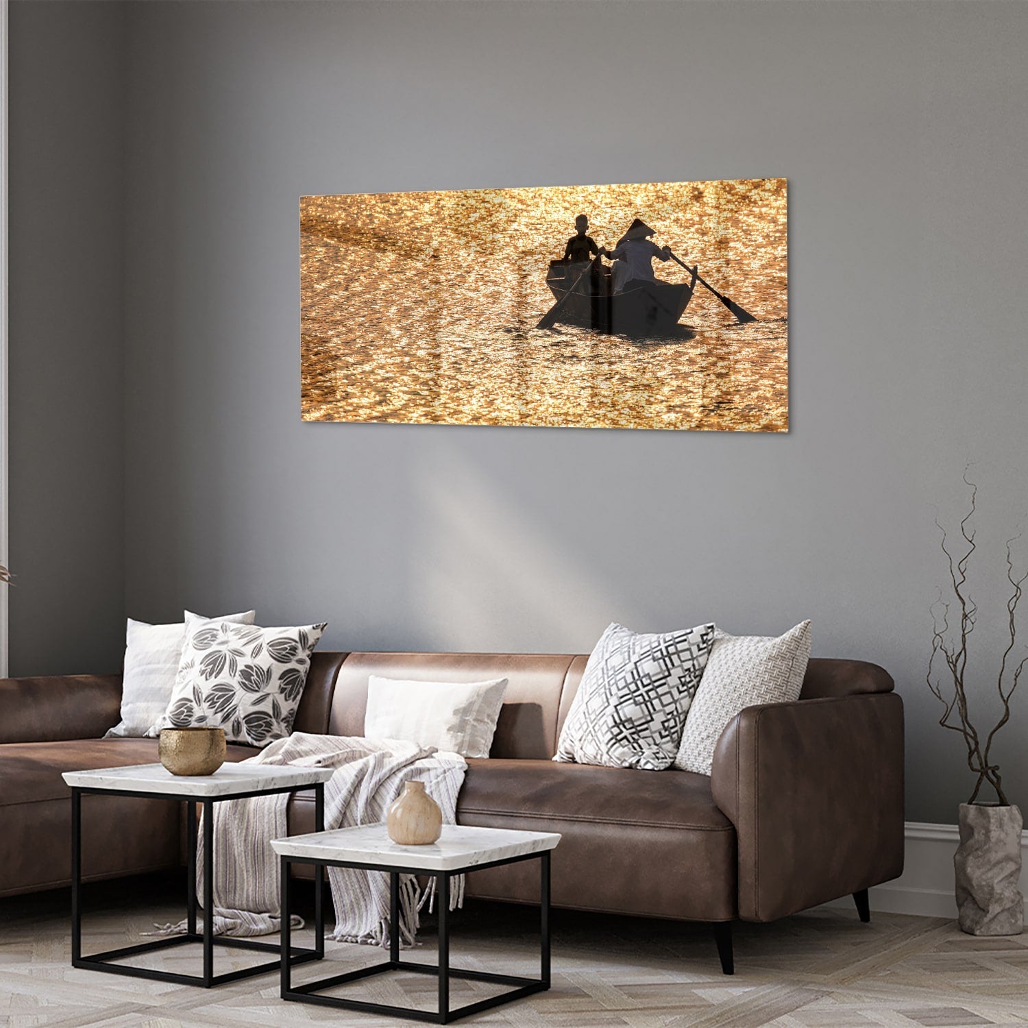 Glasbild mit Ruderboot auf goldenem Wasser – Glasbild aus Sicherheitsglas, Größe 40x40_rond